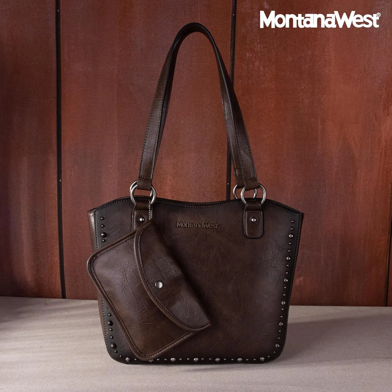 Montana West Western Tooling Tote Bag with Wallet Set for Women Vintage Studded Top Handle Shoulder Handbag