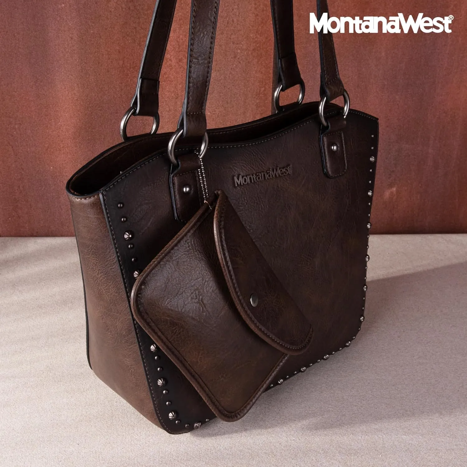 Montana West Western Tooling Tote Bag with Wallet Set for Women Vintage Studded Top Handle Shoulder Handbag