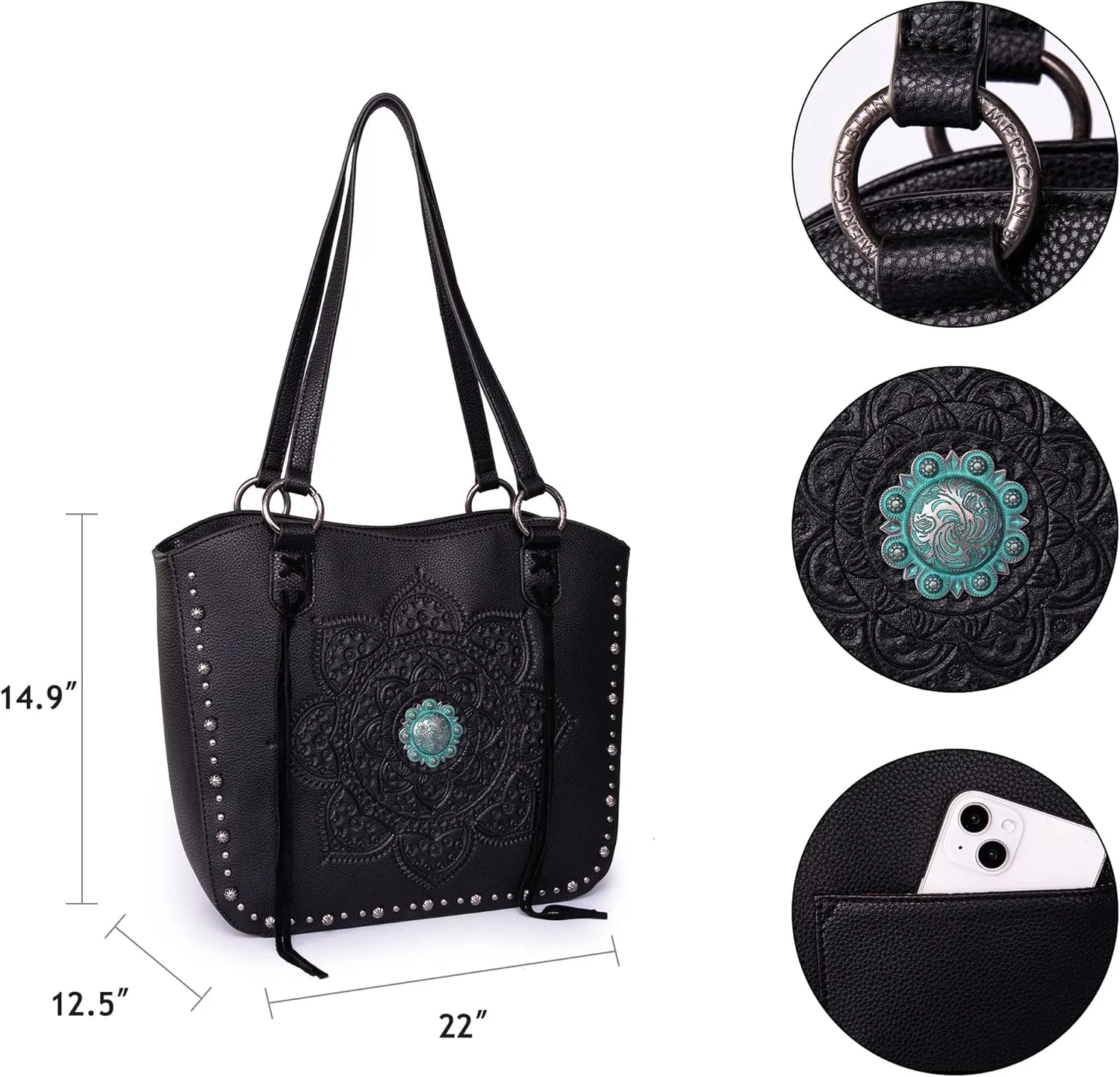 Montana West Western Tooling Tote Bag with Wallet Set for Women Vintage Studded Top Handle Shoulder Handbag