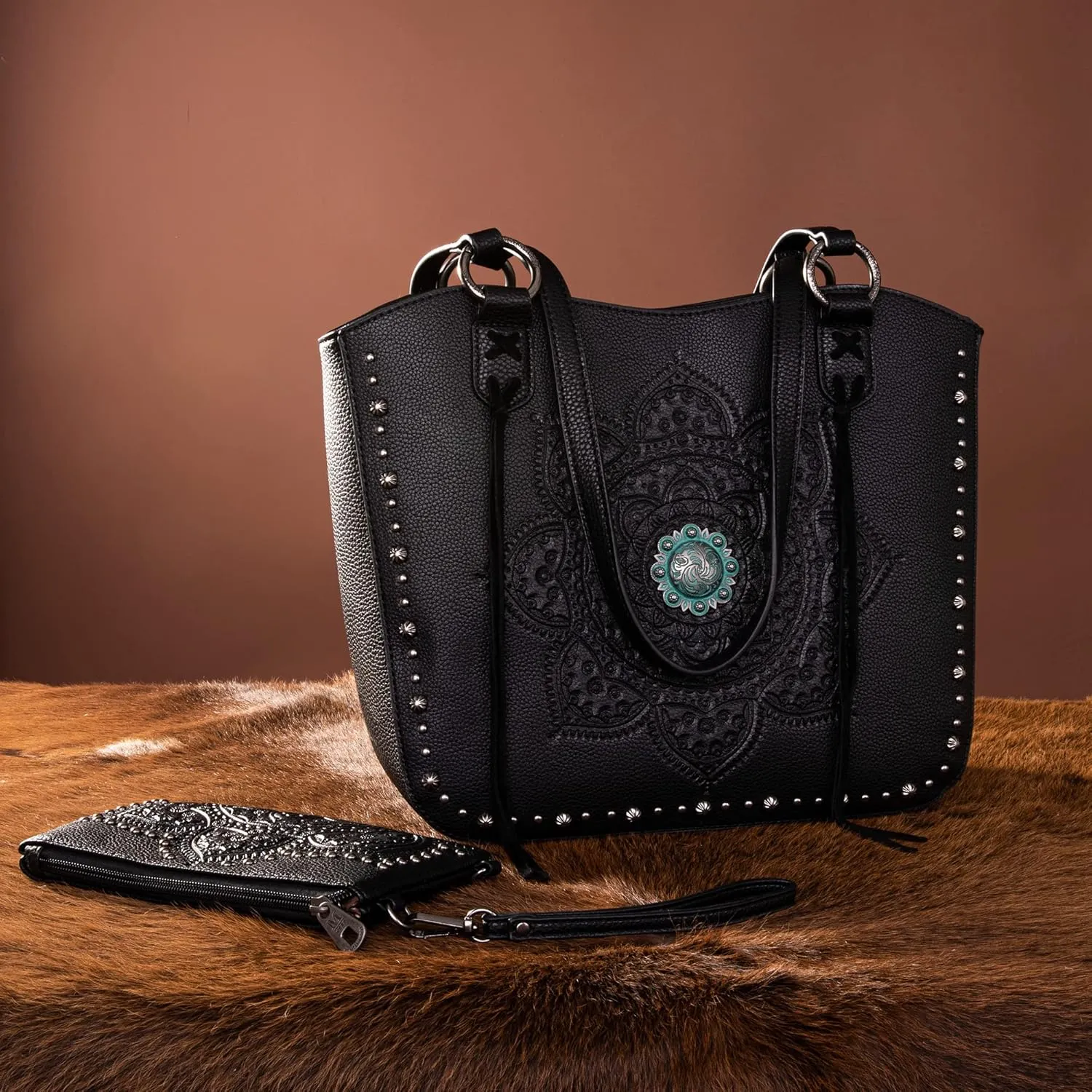 Montana West Western Tooling Tote Bag with Wallet Set for Women Vintage Studded Top Handle Shoulder Handbag