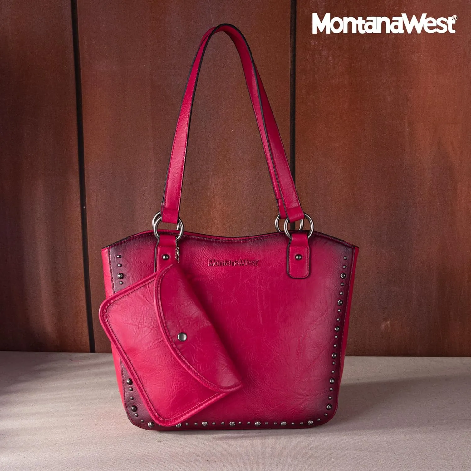 Montana West Western Tooling Tote Bag with Wallet Set for Women Vintage Studded Top Handle Shoulder Handbag
