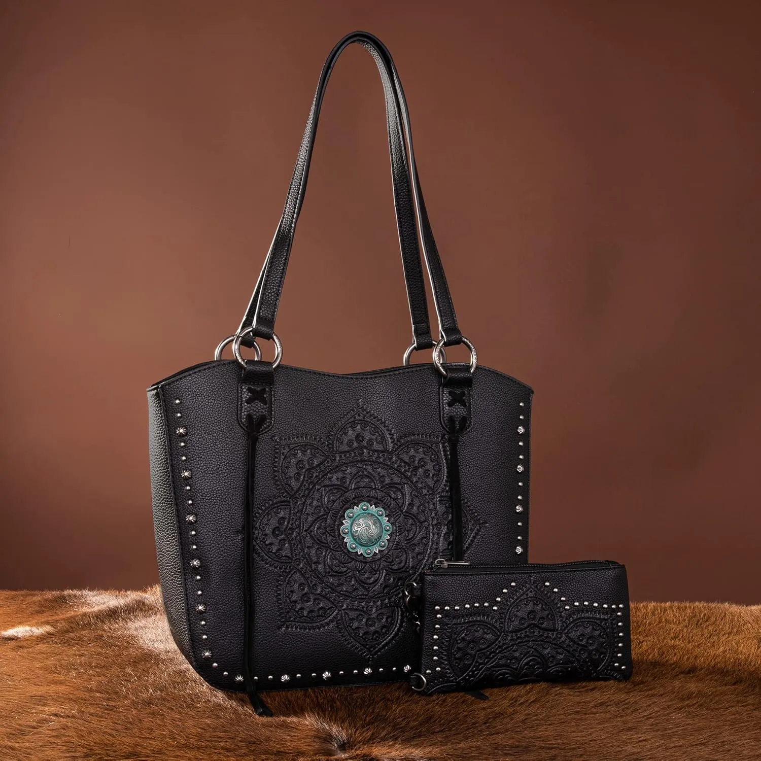 Montana West Western Tooling Tote Bag with Wallet Set for Women Vintage Studded Top Handle Shoulder Handbag