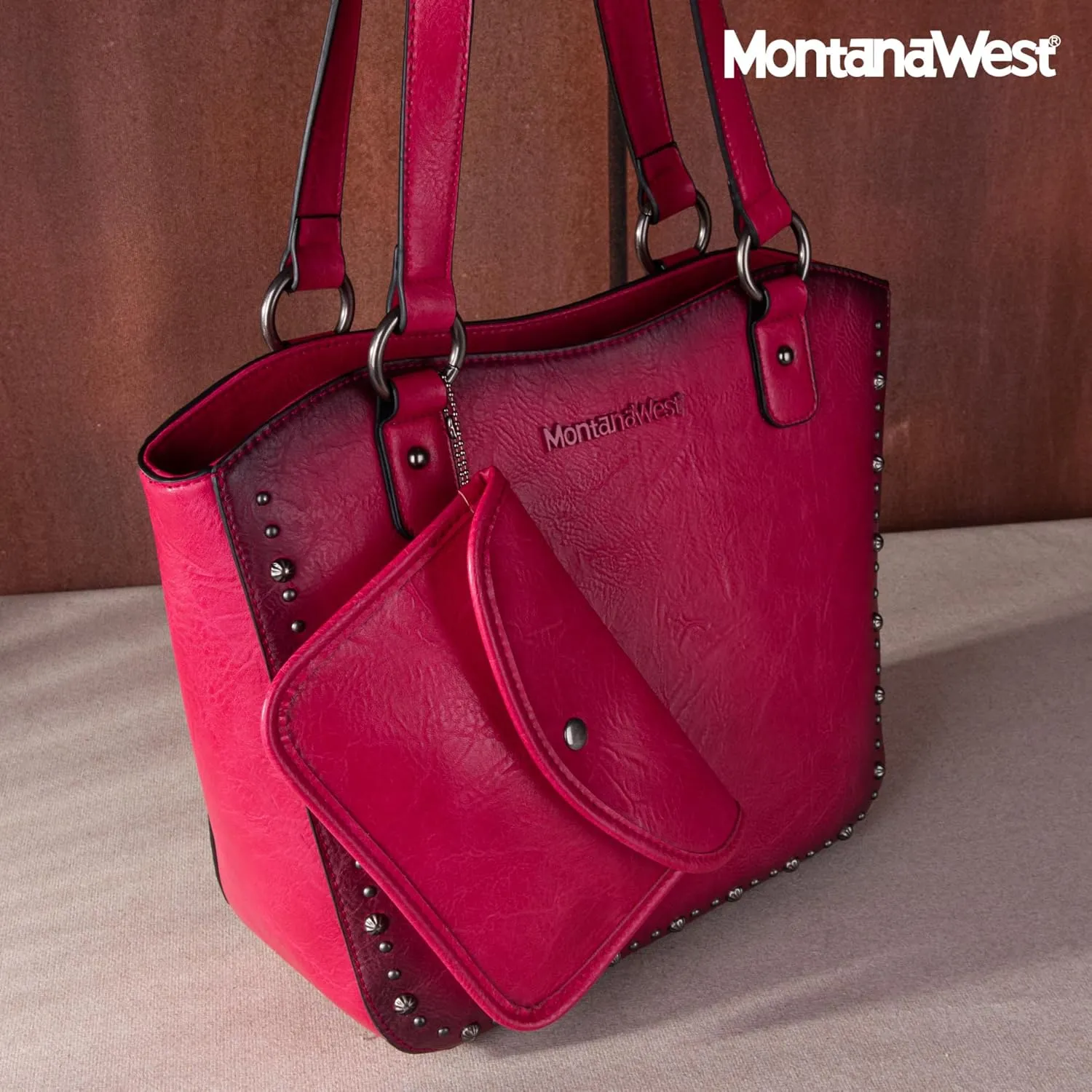 Montana West Western Tooling Tote Bag with Wallet Set for Women Vintage Studded Top Handle Shoulder Handbag