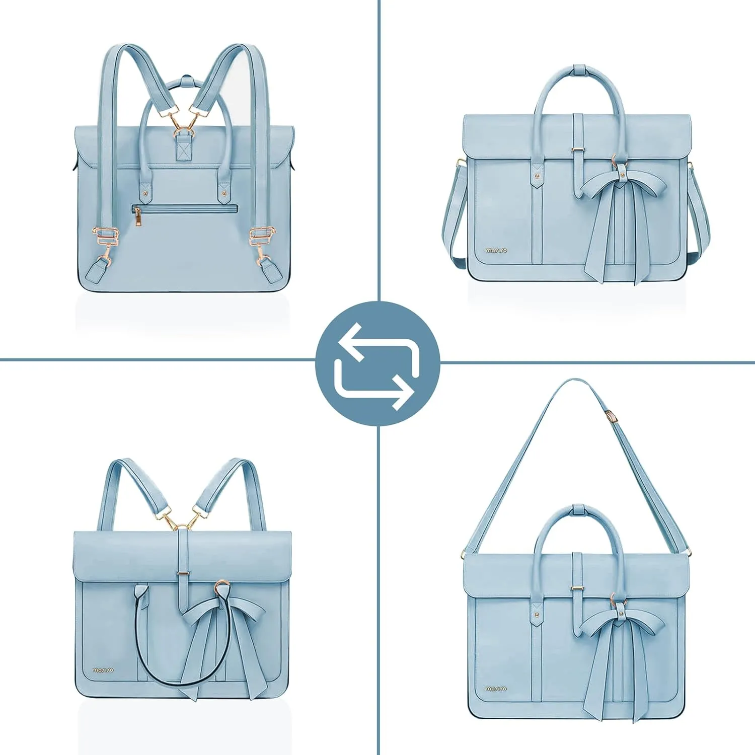 MOSISO 15-15.6 Inch PU Leather Laptop Shoulder Bag for Women, Convertible Backpack, 16 Inch Messenger Casual Handbag Work Briefcase Travel Computer Bag With Bowknot, Air Blue