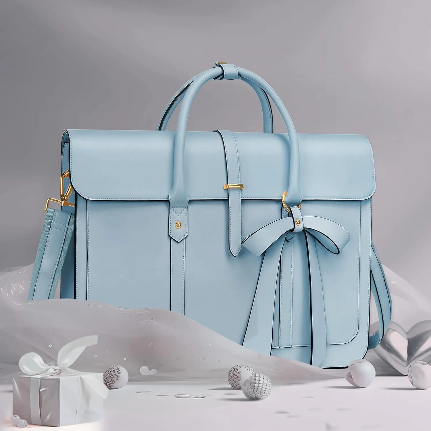 MOSISO 15-15.6 Inch PU Leather Laptop Shoulder Bag for Women, Convertible Backpack, 16 Inch Messenger Casual Handbag Work Briefcase Travel Computer Bag With Bowknot, Air Blue