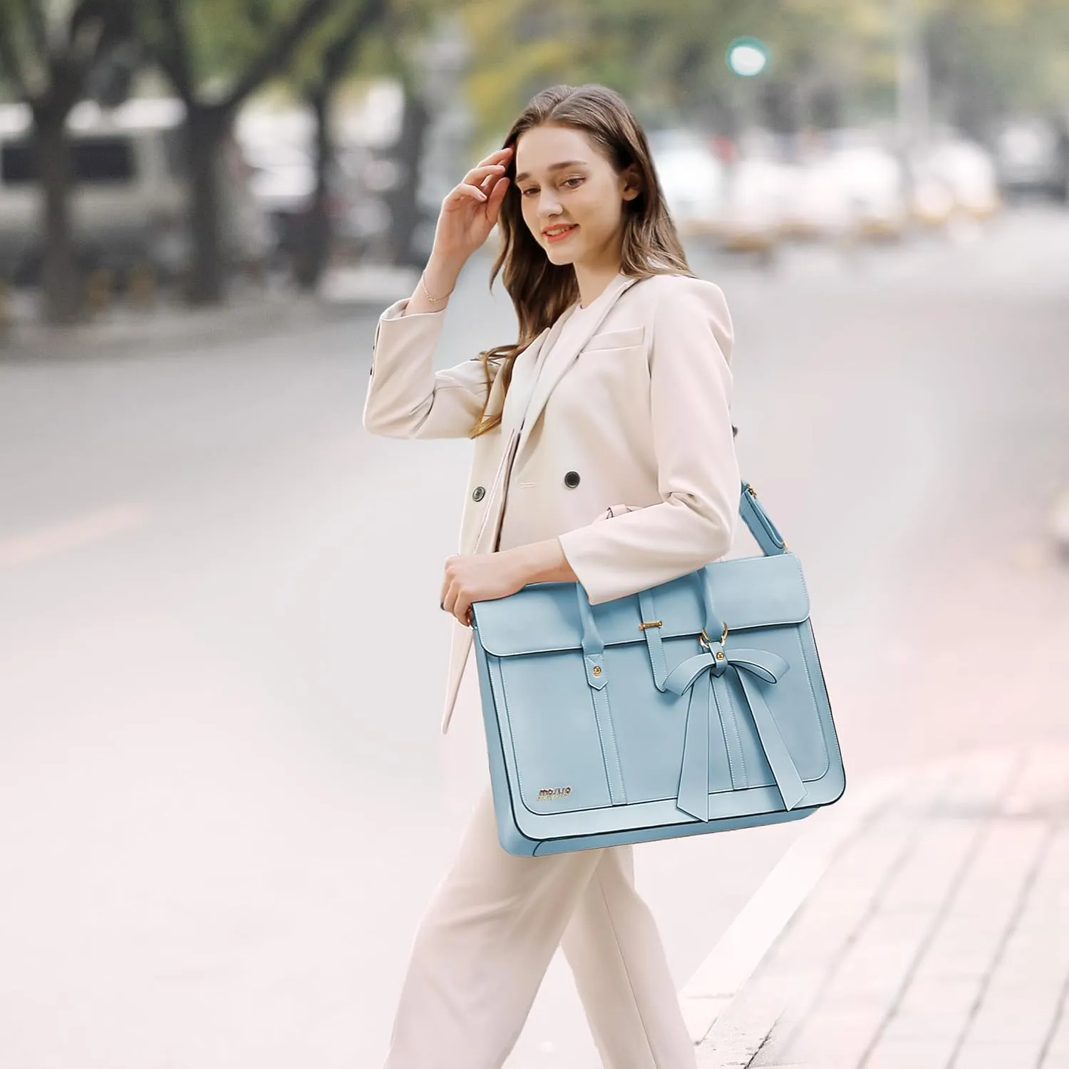 MOSISO 15-15.6 Inch PU Leather Laptop Shoulder Bag for Women, Convertible Backpack, 16 Inch Messenger Casual Handbag Work Briefcase Travel Computer Bag With Bowknot, Air Blue