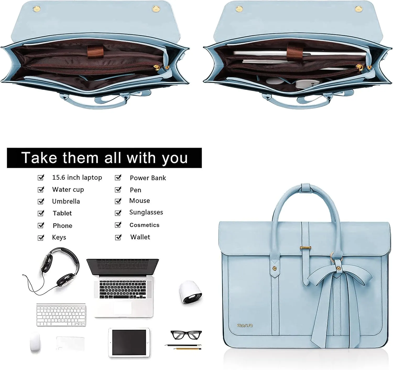 MOSISO 15-15.6 Inch PU Leather Laptop Shoulder Bag for Women, Convertible Backpack, 16 Inch Messenger Casual Handbag Work Briefcase Travel Computer Bag With Bowknot, Air Blue