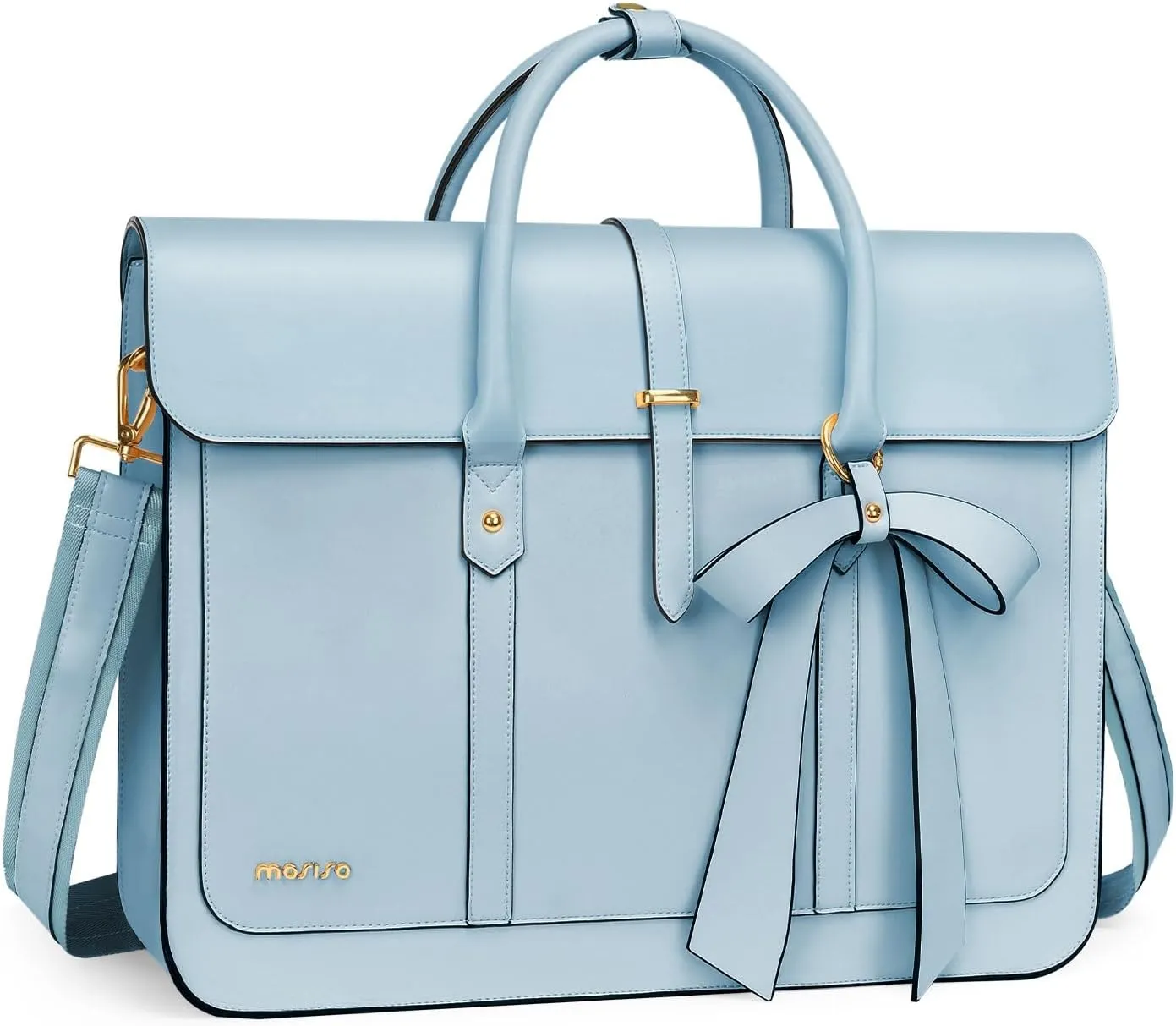 MOSISO 15-15.6 Inch PU Leather Laptop Shoulder Bag for Women, Convertible Backpack, 16 Inch Messenger Casual Handbag Work Briefcase Travel Computer Bag With Bowknot, Air Blue