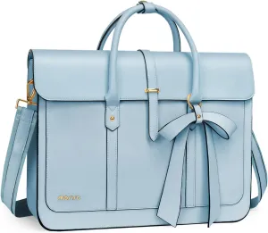 MOSISO 15-15.6 Inch PU Leather Laptop Shoulder Bag for Women, Convertible Backpack, 16 Inch Messenger Casual Handbag Work Briefcase Travel Computer Bag With Bowknot, Air Blue