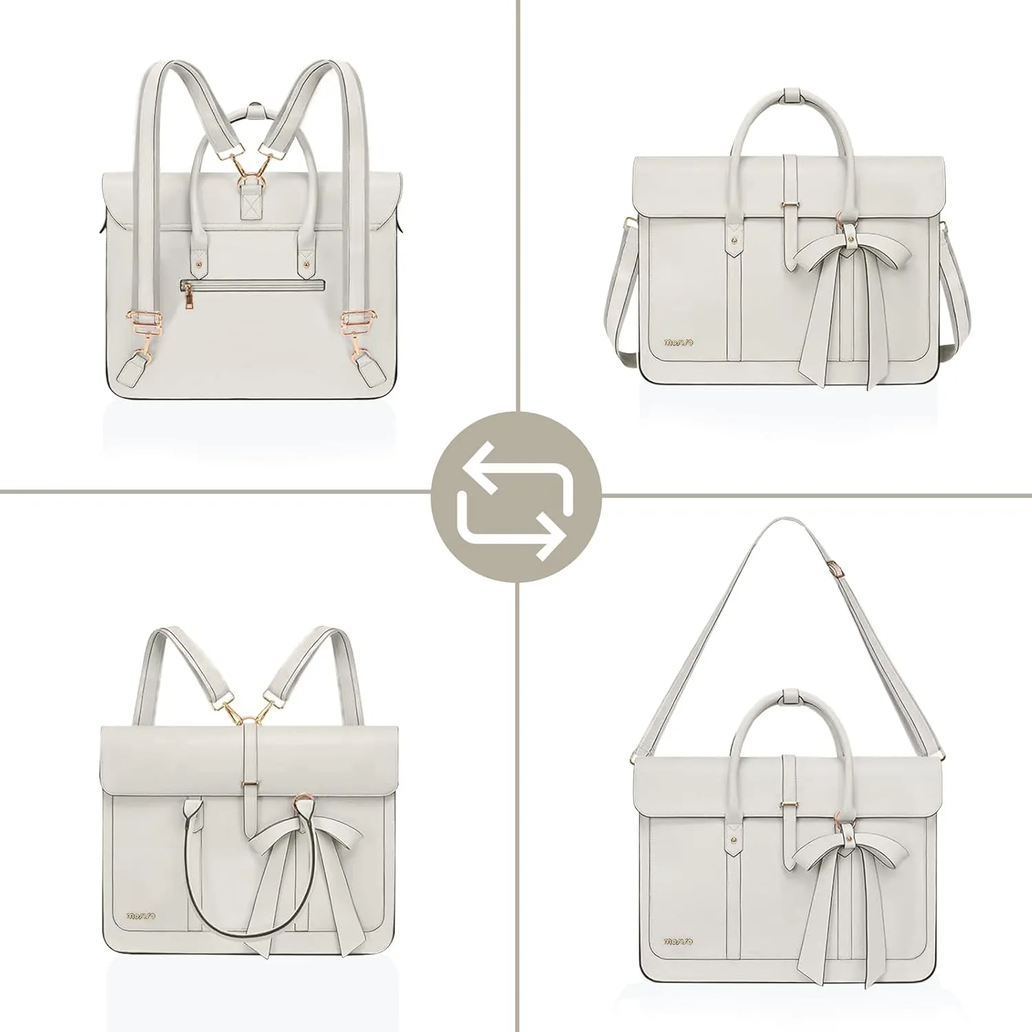 MOSISO Laptop Bag for Women, 13-14 inch PU Leather Laptop Shoulder Bag Convertible Backpack, 13.3 inch Messenger Bag Casual Handbag Work Briefcase Travel Computer Bag with Bowknot, Beige