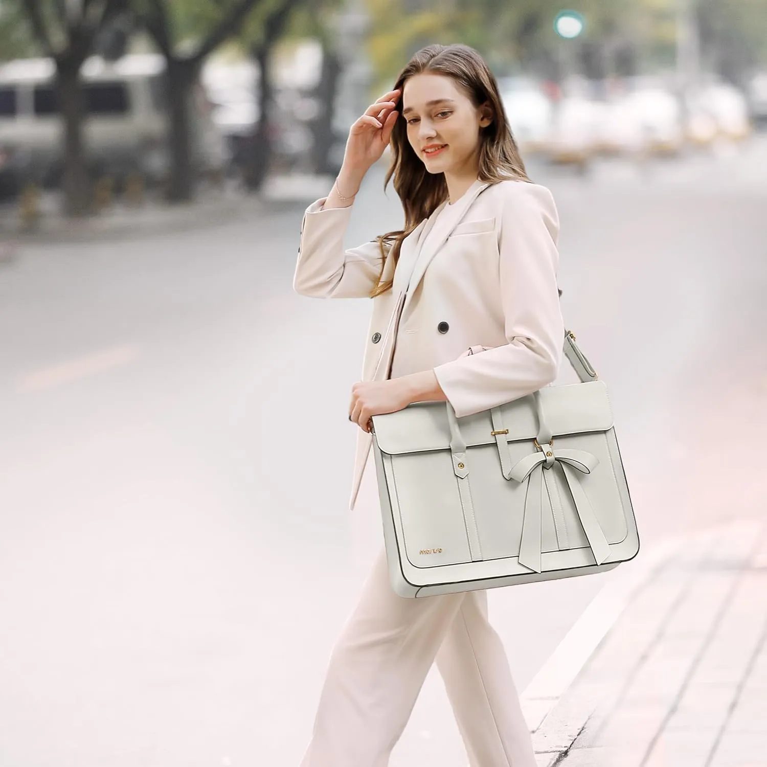 MOSISO Laptop Bag for Women, 13-14 inch PU Leather Laptop Shoulder Bag Convertible Backpack, 13.3 inch Messenger Bag Casual Handbag Work Briefcase Travel Computer Bag with Bowknot, Beige