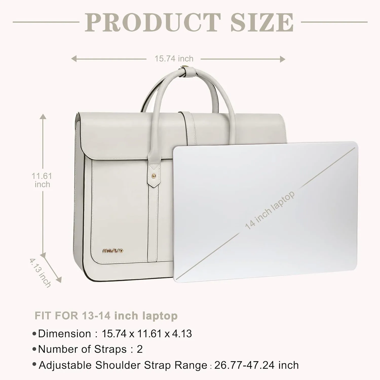 MOSISO Laptop Bag for Women, 13-14 inch PU Leather Laptop Shoulder Bag Convertible Backpack, 13.3 inch Messenger Bag Casual Handbag Work Briefcase Travel Computer Bag with Bowknot, Beige