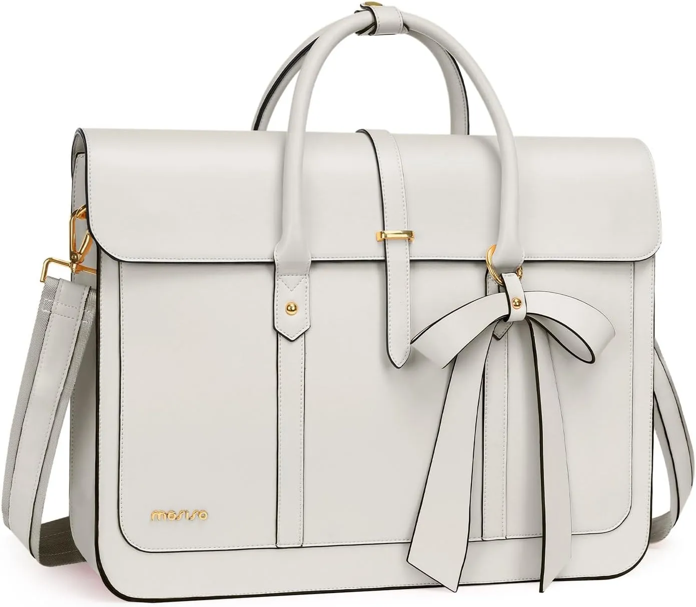 MOSISO Laptop Bag for Women, 13-14 inch PU Leather Laptop Shoulder Bag Convertible Backpack, 13.3 inch Messenger Bag Casual Handbag Work Briefcase Travel Computer Bag with Bowknot, Beige