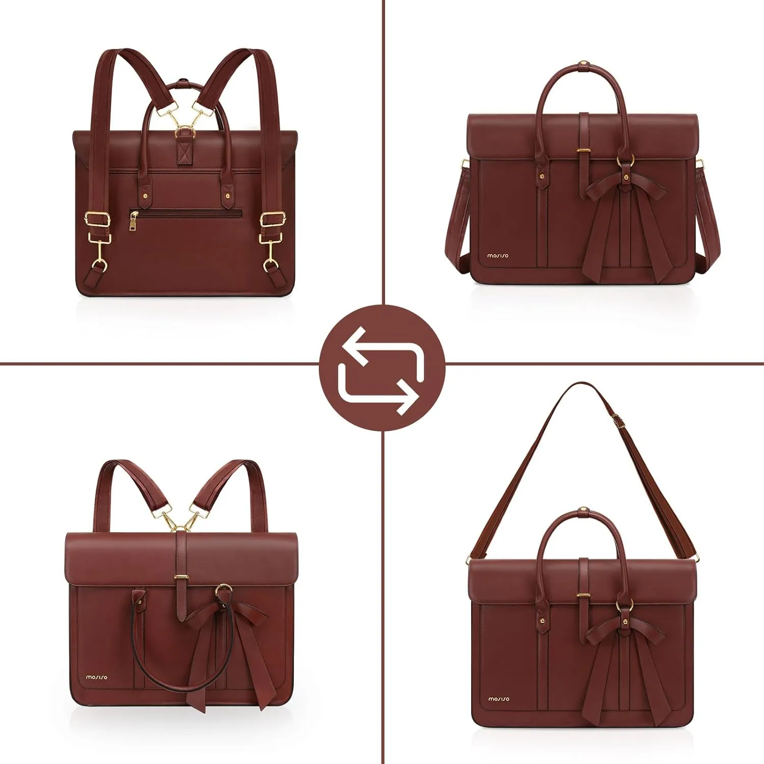 MOSISO Laptop Bag for Women, 13-14 inch PU Leather Laptop Shoulder Bag Convertible Backpack, 13.3 inch Messenger Bag Casual Handbag Work Briefcase Travel Computer Bag with Bowknot, Brown