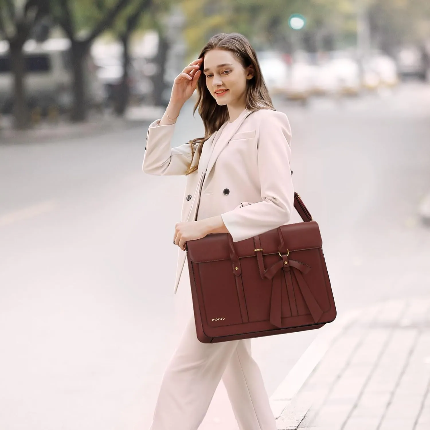 MOSISO Laptop Bag for Women, 13-14 inch PU Leather Laptop Shoulder Bag Convertible Backpack, 13.3 inch Messenger Bag Casual Handbag Work Briefcase Travel Computer Bag with Bowknot, Brown