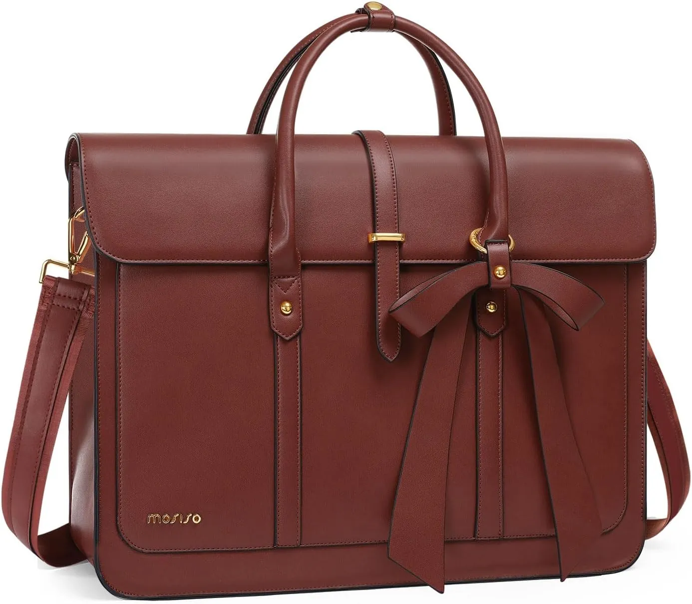 MOSISO Laptop Bag for Women, 13-14 inch PU Leather Laptop Shoulder Bag Convertible Backpack, 13.3 inch Messenger Bag Casual Handbag Work Briefcase Travel Computer Bag with Bowknot, Brown