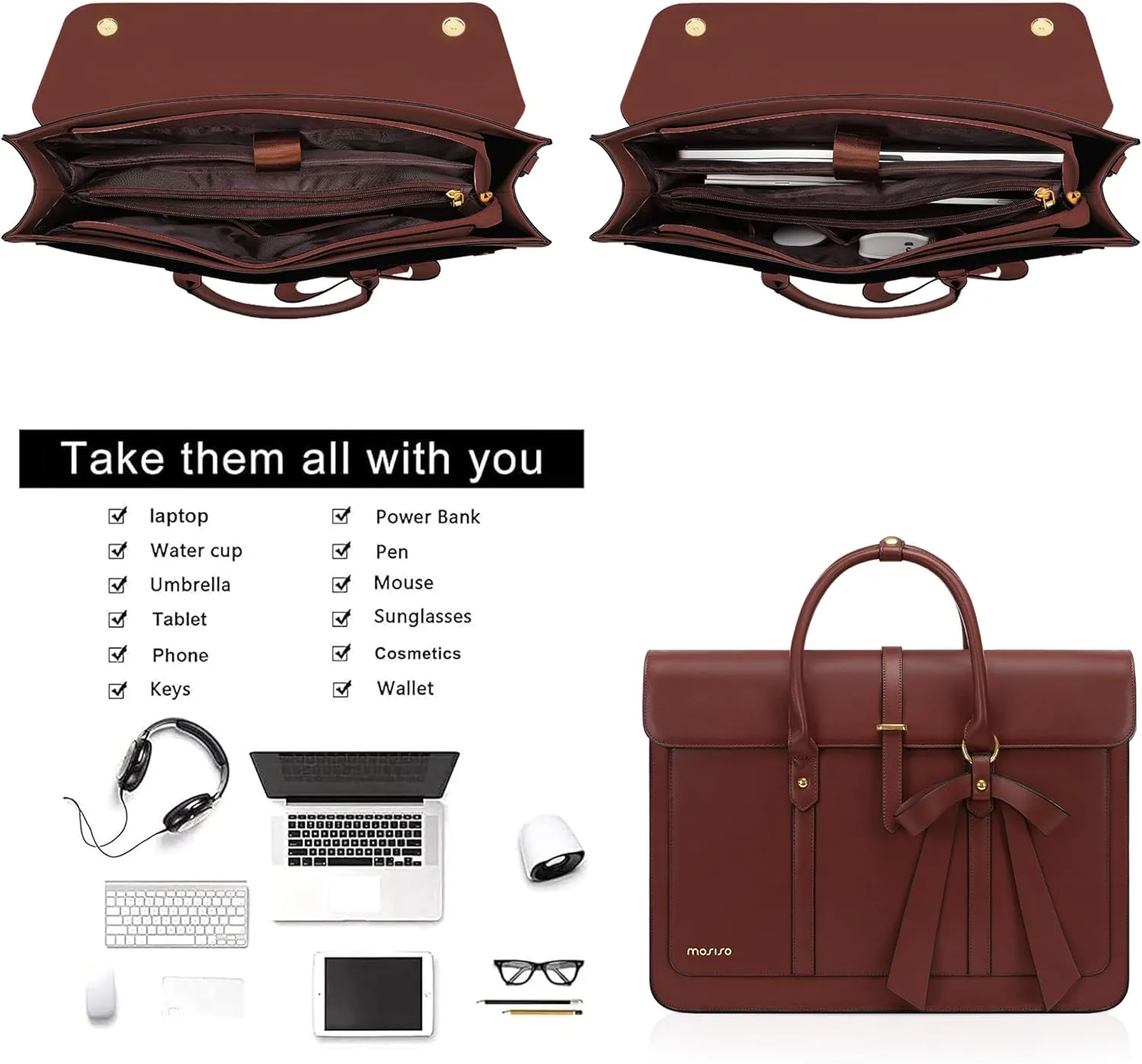 MOSISO Laptop Bag for Women, 13-14 inch PU Leather Laptop Shoulder Bag Convertible Backpack, 13.3 inch Messenger Bag Casual Handbag Work Briefcase Travel Computer Bag with Bowknot, Brown