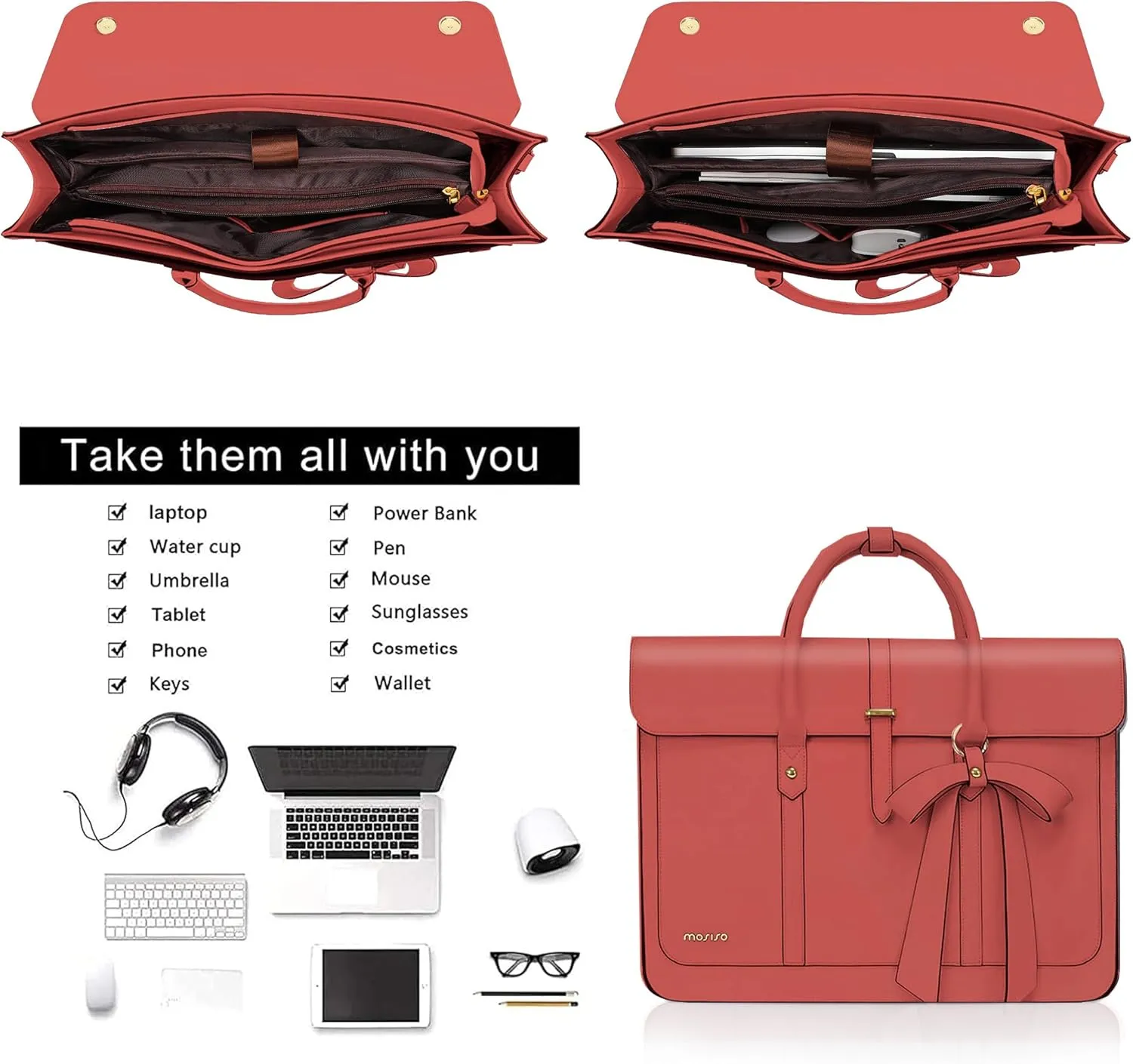 MOSISO Laptop Bag for Women, 13-14 inch PU Leather Laptop Shoulder Bag Convertible Backpack, 13.3 inch Messenger Bag Casual Handbag Work Briefcase Travel Computer Bag with Bowknot, Coral