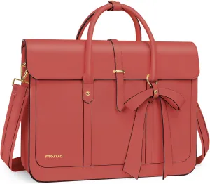 MOSISO Laptop Bag for Women, 13-14 inch PU Leather Laptop Shoulder Bag Convertible Backpack, 13.3 inch Messenger Bag Casual Handbag Work Briefcase Travel Computer Bag with Bowknot, Coral