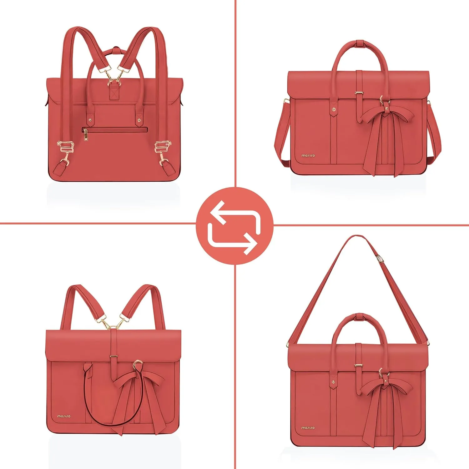 MOSISO Laptop Bag for Women, 13-14 inch PU Leather Laptop Shoulder Bag Convertible Backpack, 13.3 inch Messenger Bag Casual Handbag Work Briefcase Travel Computer Bag with Bowknot, Coral