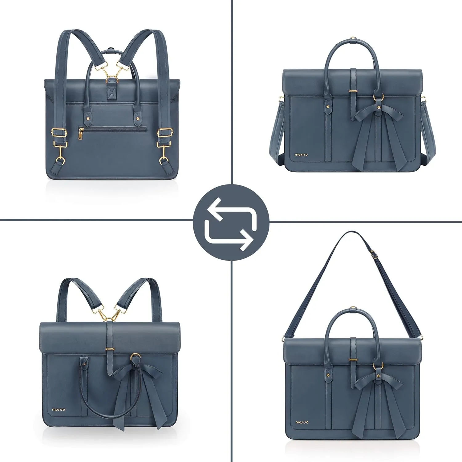 MOSISO Laptop Bag for Women, 13-14 inch PU Leather Laptop Shoulder Bag Convertible Backpack, 13.3 inch Messenger Bag Casual Handbag Work Briefcase Travel Computer Bag with Bowknot, Peacock Blue