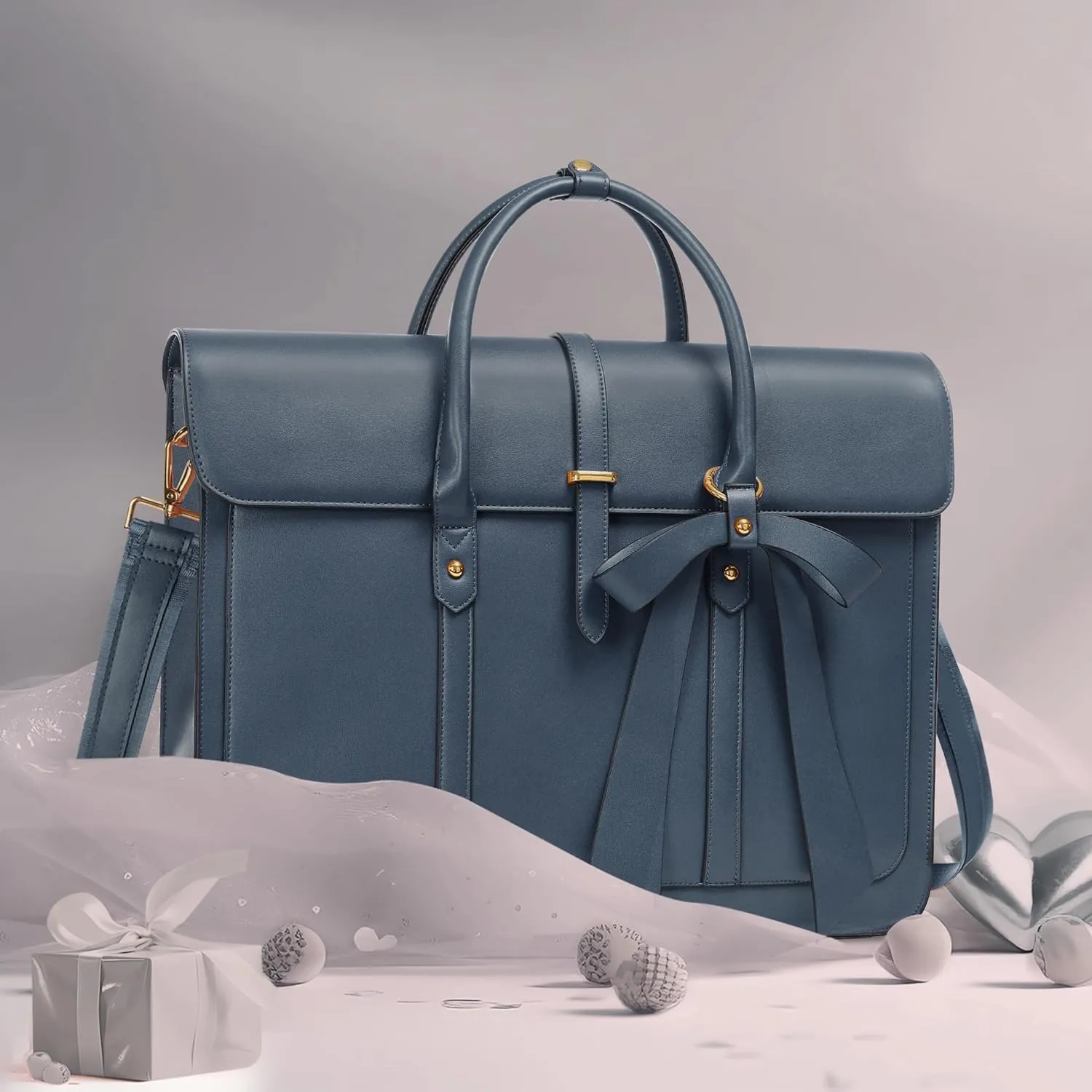 MOSISO Laptop Bag for Women, 13-14 inch PU Leather Laptop Shoulder Bag Convertible Backpack, 13.3 inch Messenger Bag Casual Handbag Work Briefcase Travel Computer Bag with Bowknot, Peacock Blue