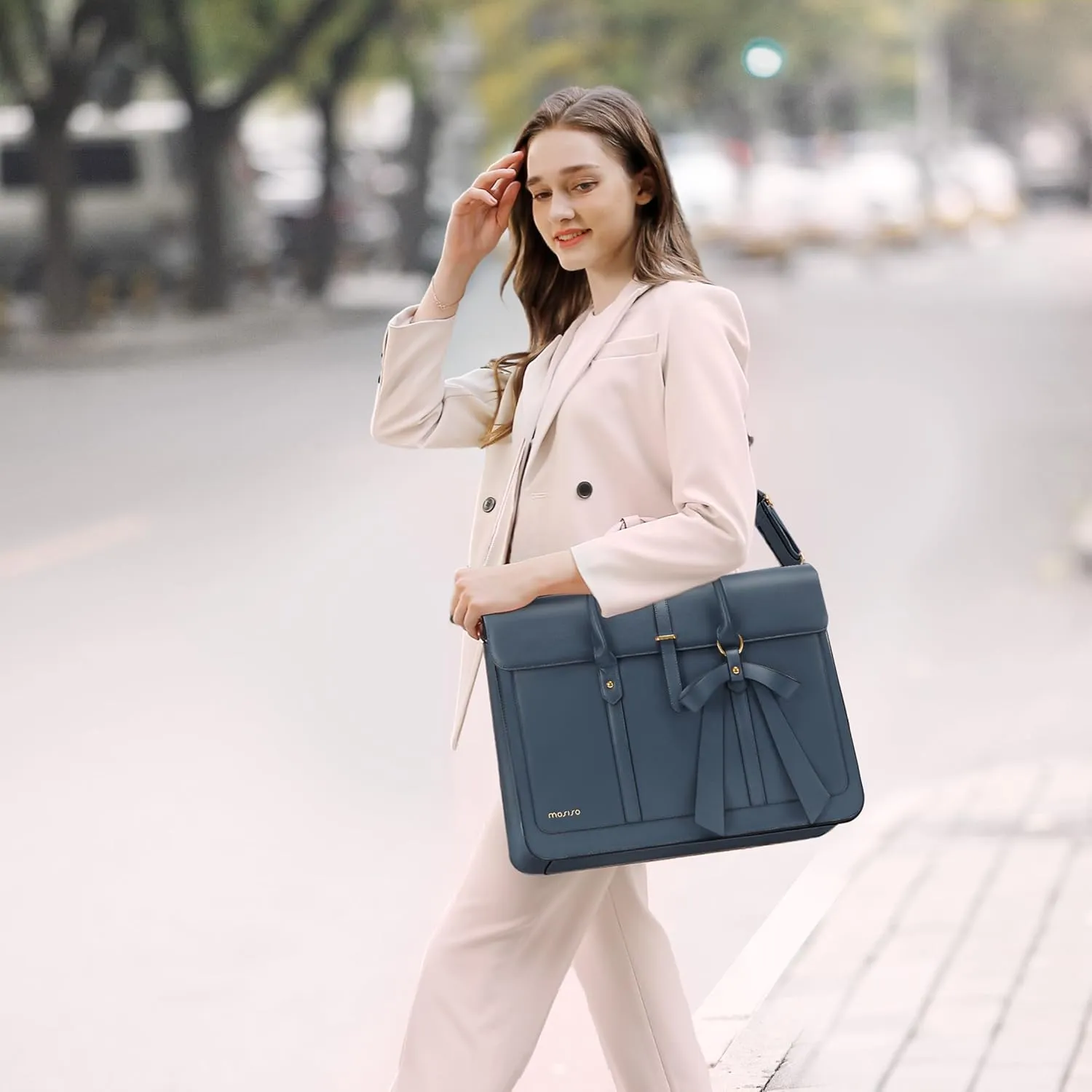 MOSISO Laptop Bag for Women, 13-14 inch PU Leather Laptop Shoulder Bag Convertible Backpack, 13.3 inch Messenger Bag Casual Handbag Work Briefcase Travel Computer Bag with Bowknot, Peacock Blue