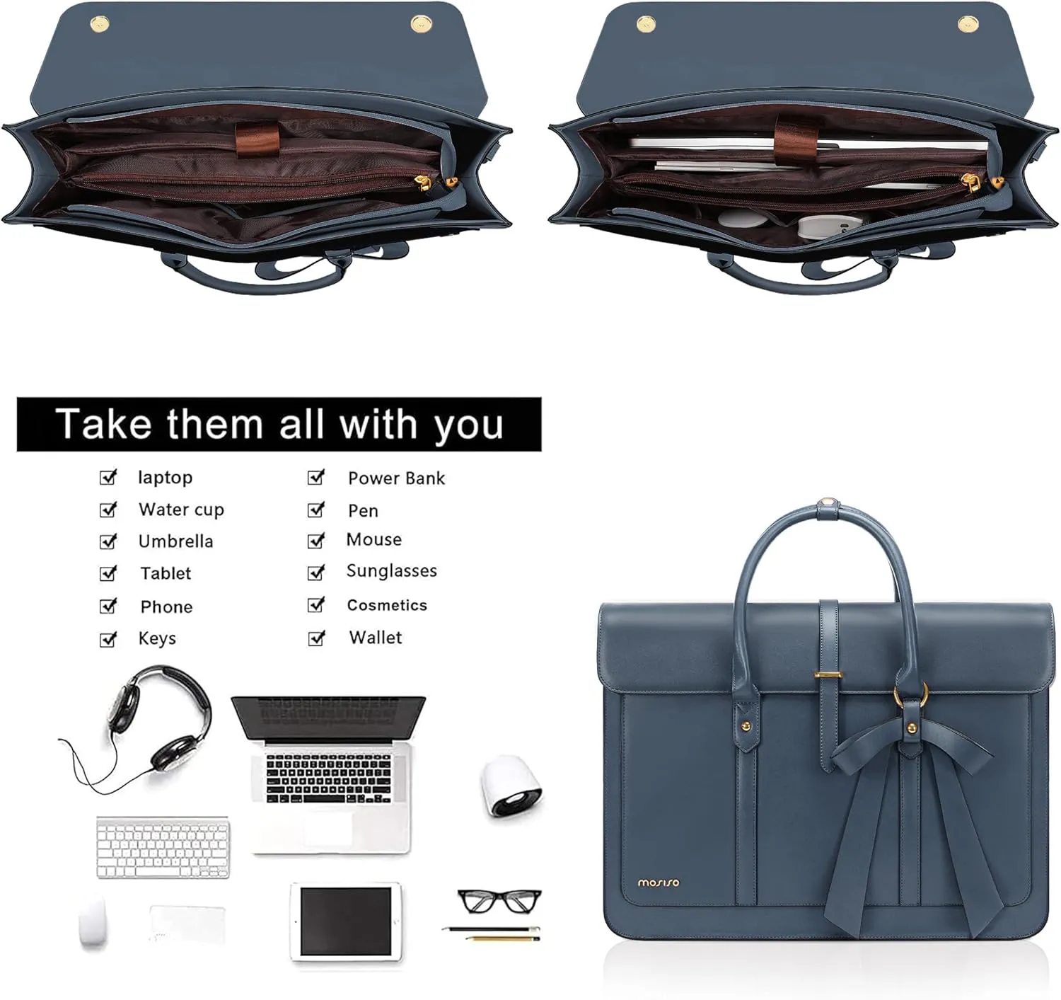 MOSISO Laptop Bag for Women, 13-14 inch PU Leather Laptop Shoulder Bag Convertible Backpack, 13.3 inch Messenger Bag Casual Handbag Work Briefcase Travel Computer Bag with Bowknot, Peacock Blue