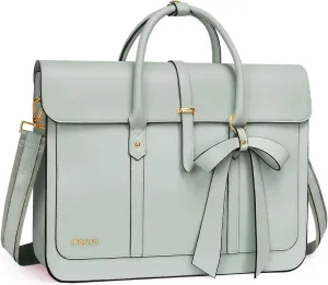 MOSISO Laptop Bag for Women, 13-14 inch PU Leather Laptop Shoulder Bag Convertible Backpack, 13.3 inch Messenger Bag Casual Handbag Work Briefcase Travel Computer Bag with Bowknot, Sage Green