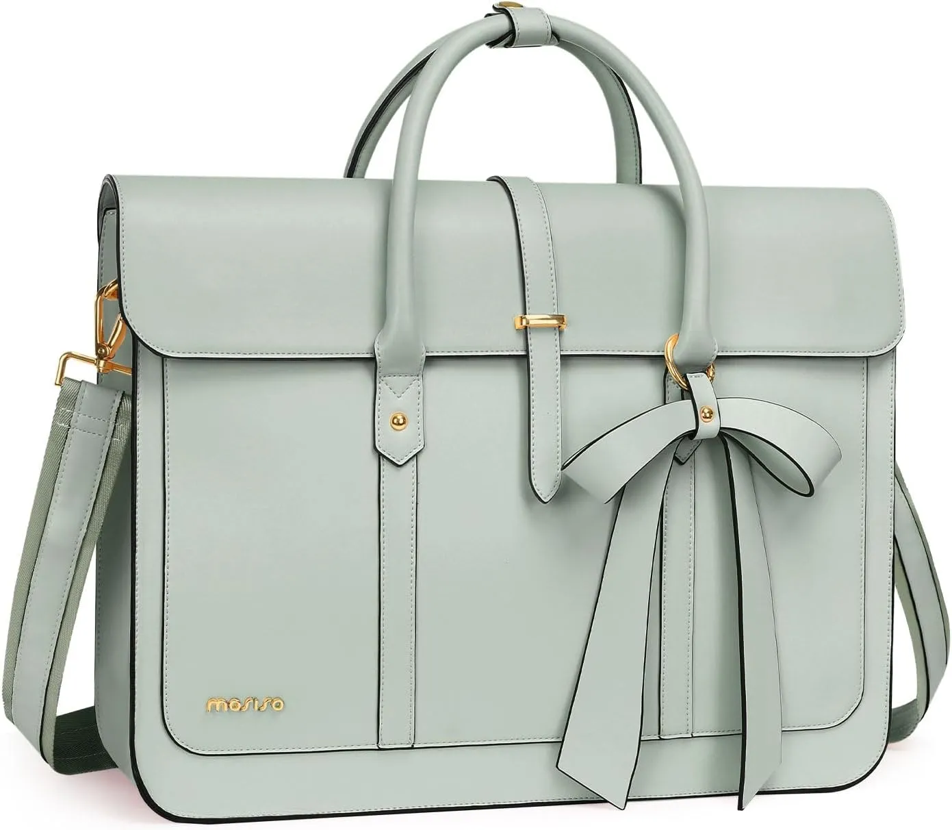 MOSISO Laptop Bag for Women, 13-14 inch PU Leather Laptop Shoulder Bag Convertible Backpack, 13.3 inch Messenger Bag Casual Handbag Work Briefcase Travel Computer Bag with Bowknot, Sage Green