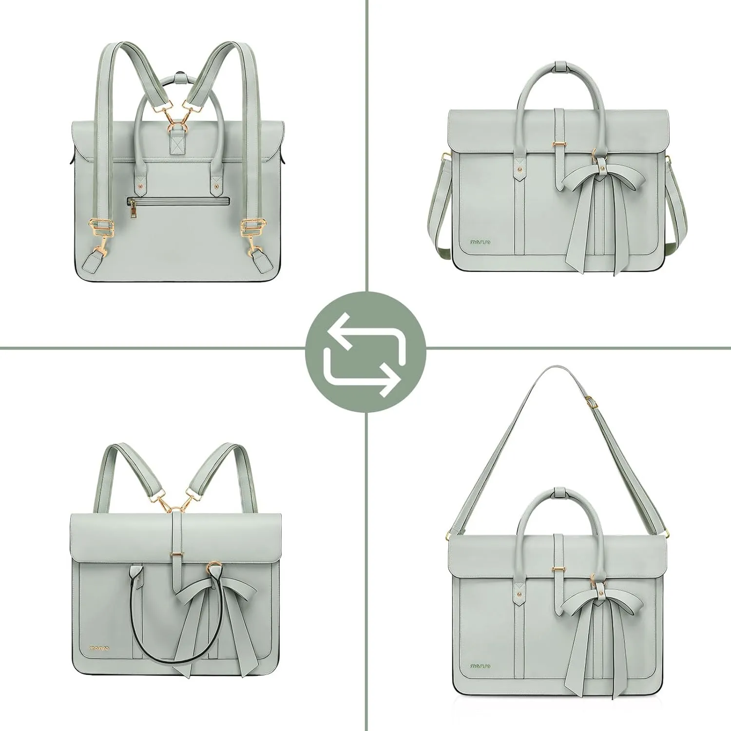 MOSISO Laptop Bag for Women, 13-14 inch PU Leather Laptop Shoulder Bag Convertible Backpack, 13.3 inch Messenger Bag Casual Handbag Work Briefcase Travel Computer Bag with Bowknot, Sage Green