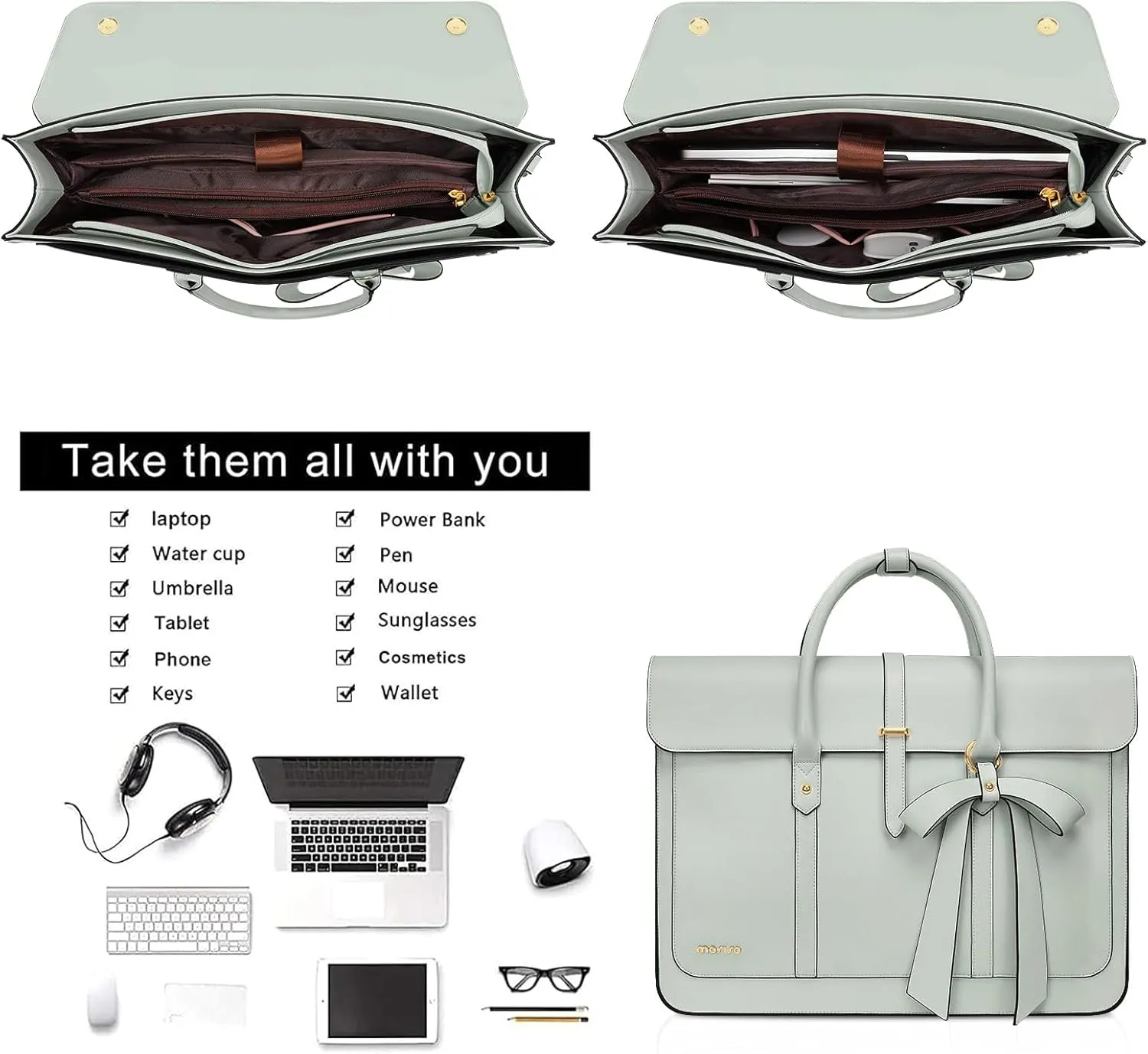MOSISO Laptop Bag for Women, 13-14 inch PU Leather Laptop Shoulder Bag Convertible Backpack, 13.3 inch Messenger Bag Casual Handbag Work Briefcase Travel Computer Bag with Bowknot, Sage Green