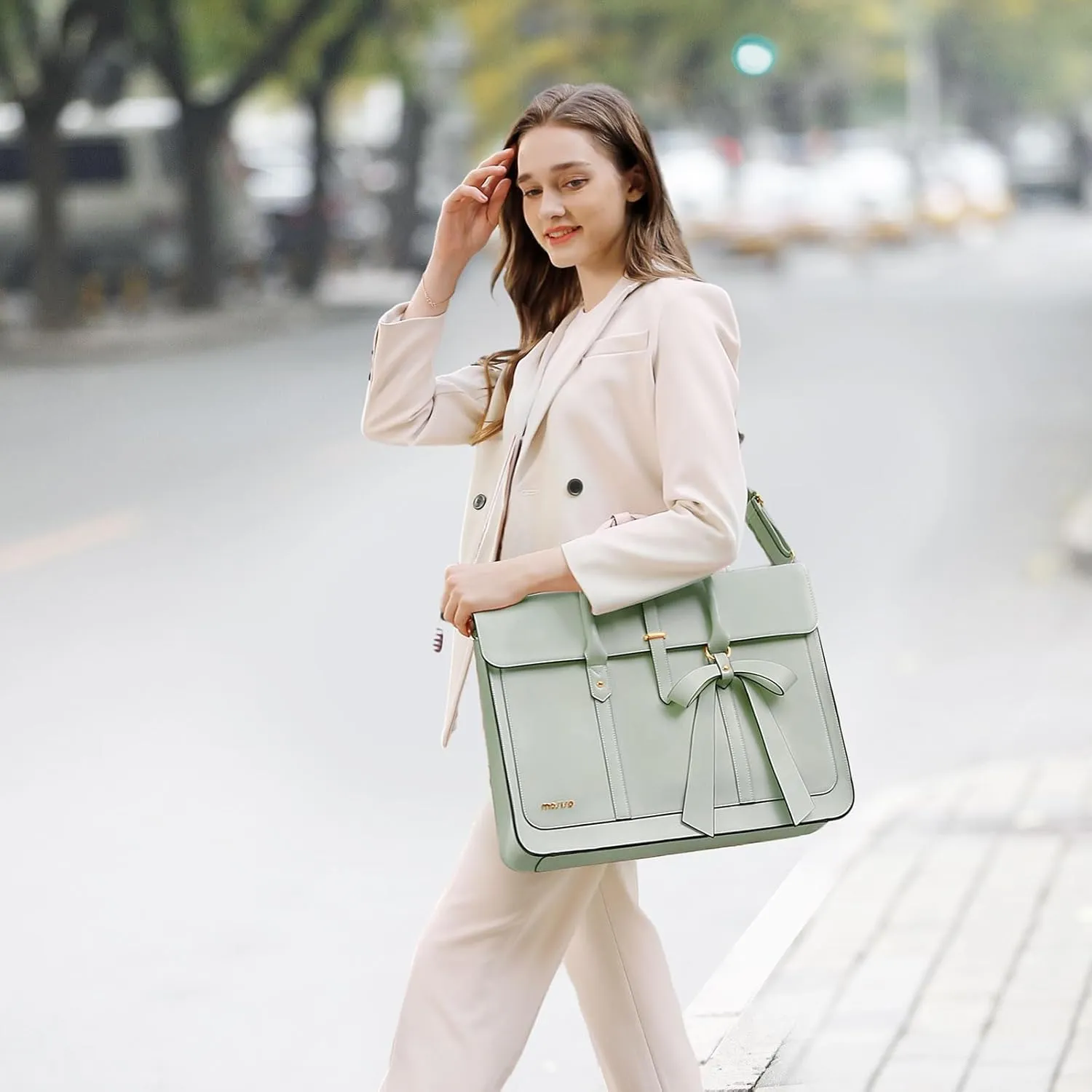 MOSISO Laptop Bag for Women, 13-14 inch PU Leather Laptop Shoulder Bag Convertible Backpack, 13.3 inch Messenger Bag Casual Handbag Work Briefcase Travel Computer Bag with Bowknot, Sage Green