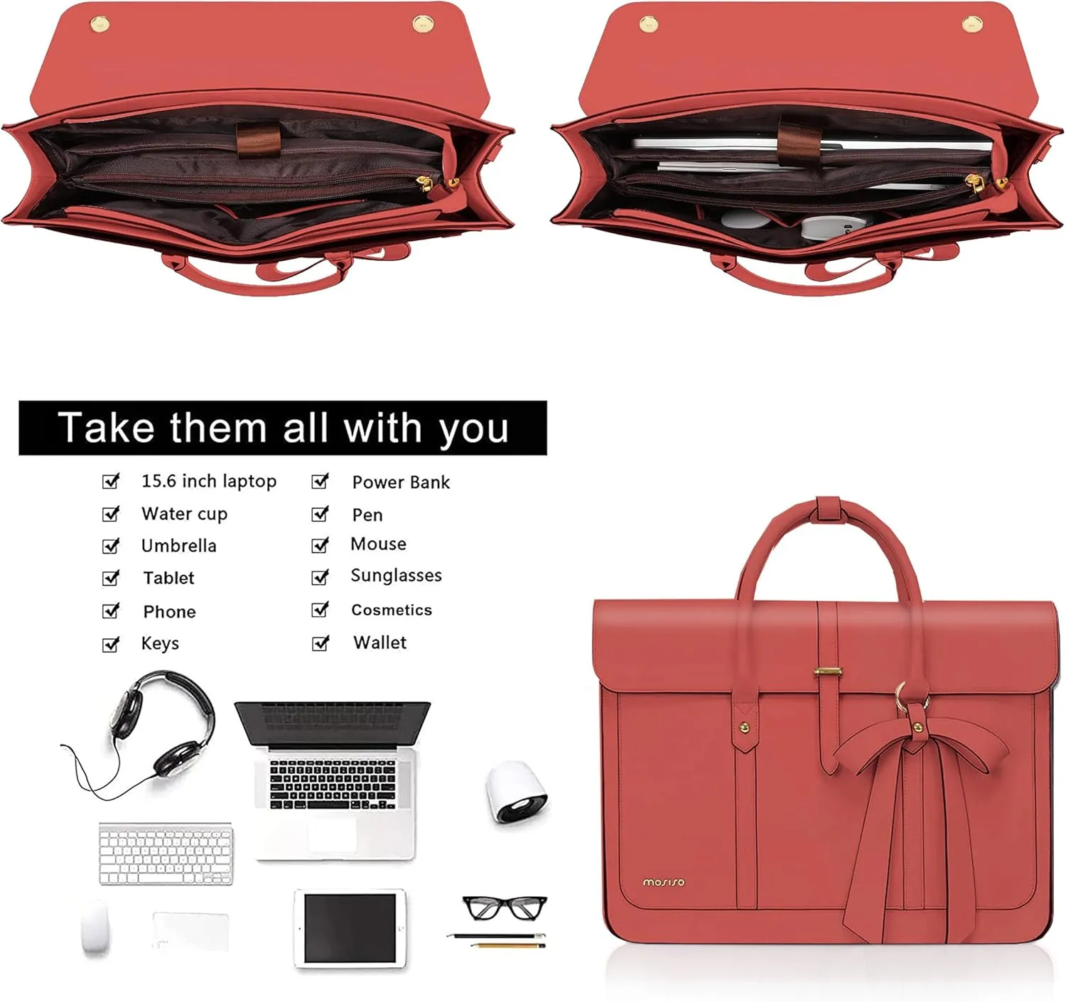 MOSISO Laptop Bag for Women, 15-15.6 inch PU Leather Laptop Shoulder Bag Convertible Backpack, 16 inch Messenger Bag Casual Handbag Work Briefcase Travel Computer Bag with Bowknot, Coral