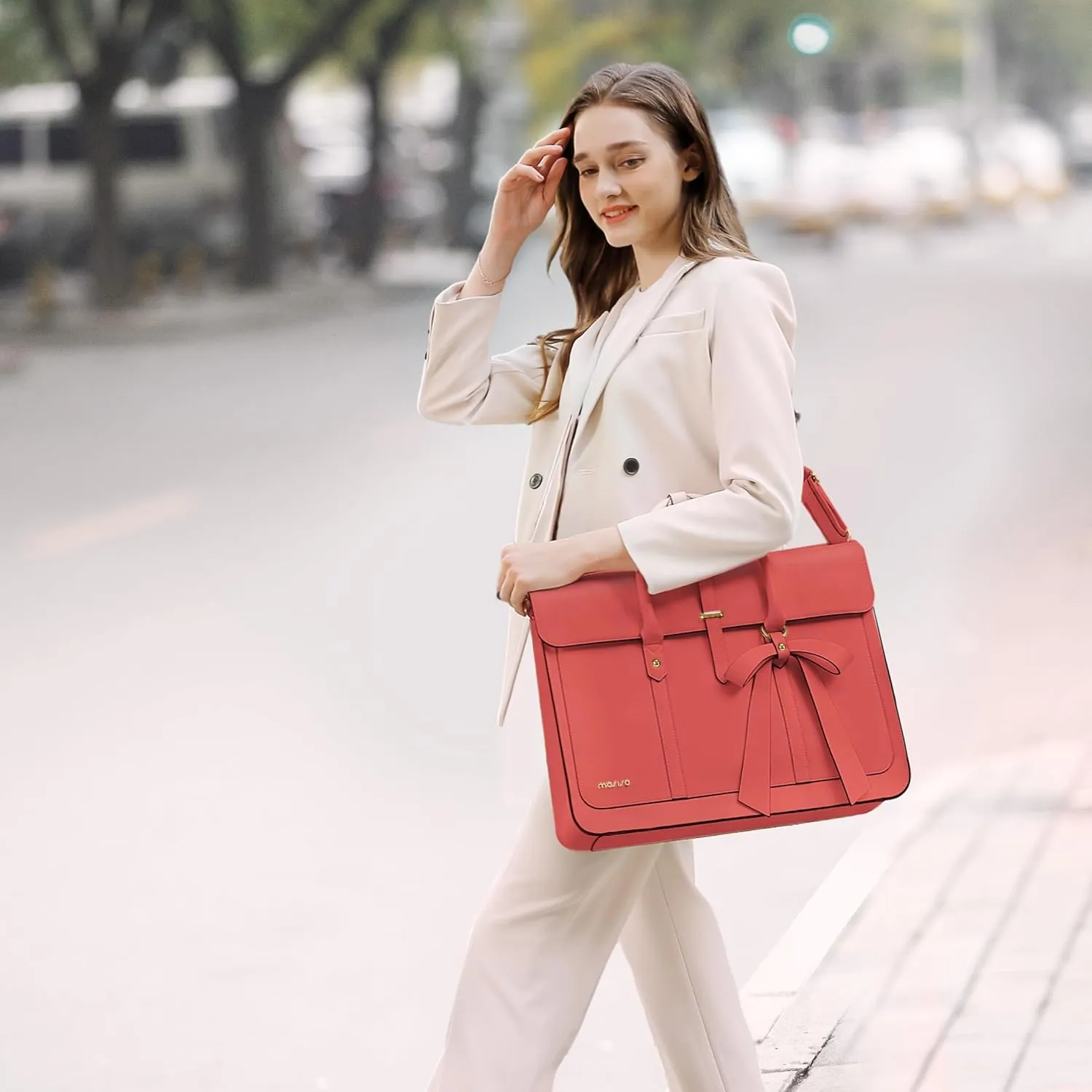 MOSISO Laptop Bag for Women, 15-15.6 inch PU Leather Laptop Shoulder Bag Convertible Backpack, 16 inch Messenger Bag Casual Handbag Work Briefcase Travel Computer Bag with Bowknot, Coral
