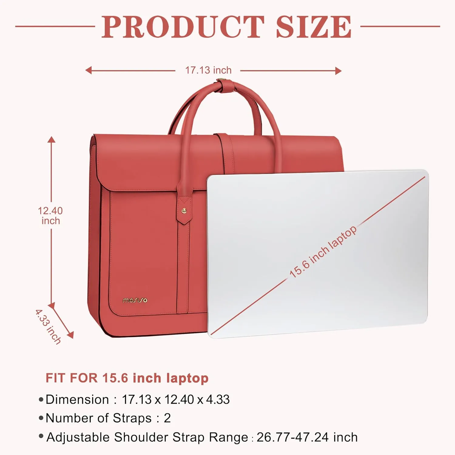 MOSISO Laptop Bag for Women, 15-15.6 inch PU Leather Laptop Shoulder Bag Convertible Backpack, 16 inch Messenger Bag Casual Handbag Work Briefcase Travel Computer Bag with Bowknot, Coral