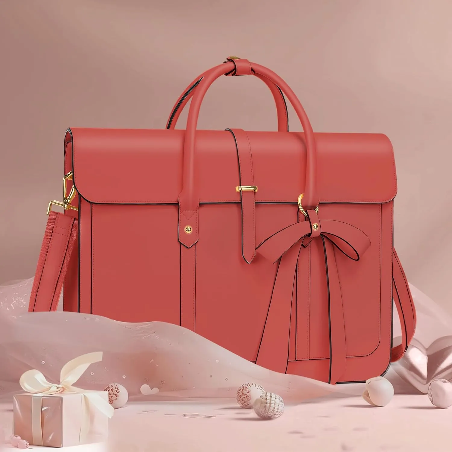 MOSISO Laptop Bag for Women, 15-15.6 inch PU Leather Laptop Shoulder Bag Convertible Backpack, 16 inch Messenger Bag Casual Handbag Work Briefcase Travel Computer Bag with Bowknot, Coral