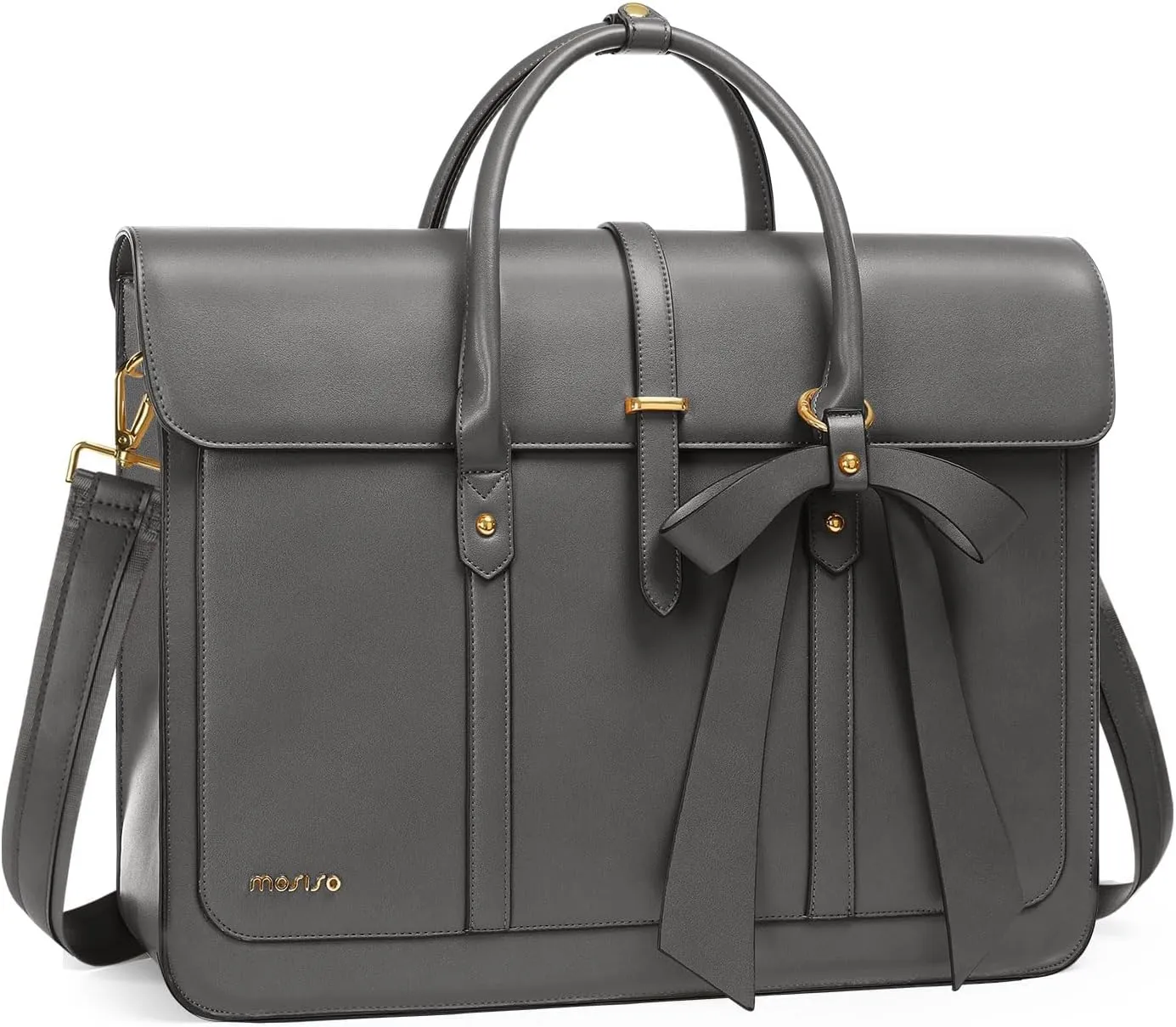 MOSISO Laptop Bag for Women, 15-15.6 inch PU Leather Laptop Shoulder Bag Convertible Backpack, 16 inch Messenger Bag Casual Handbag Work Briefcase Travel Computer Bag with Bowknot, Gray