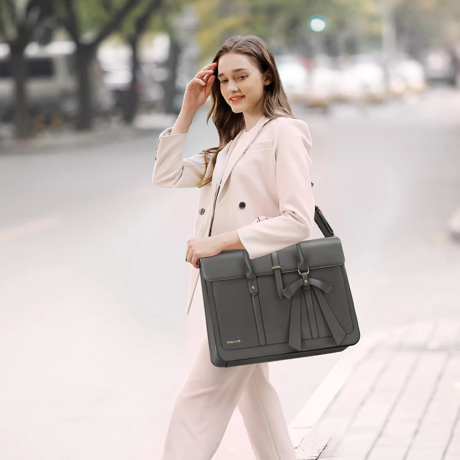 MOSISO Laptop Bag for Women, 15-15.6 inch PU Leather Laptop Shoulder Bag Convertible Backpack, 16 inch Messenger Bag Casual Handbag Work Briefcase Travel Computer Bag with Bowknot, Gray