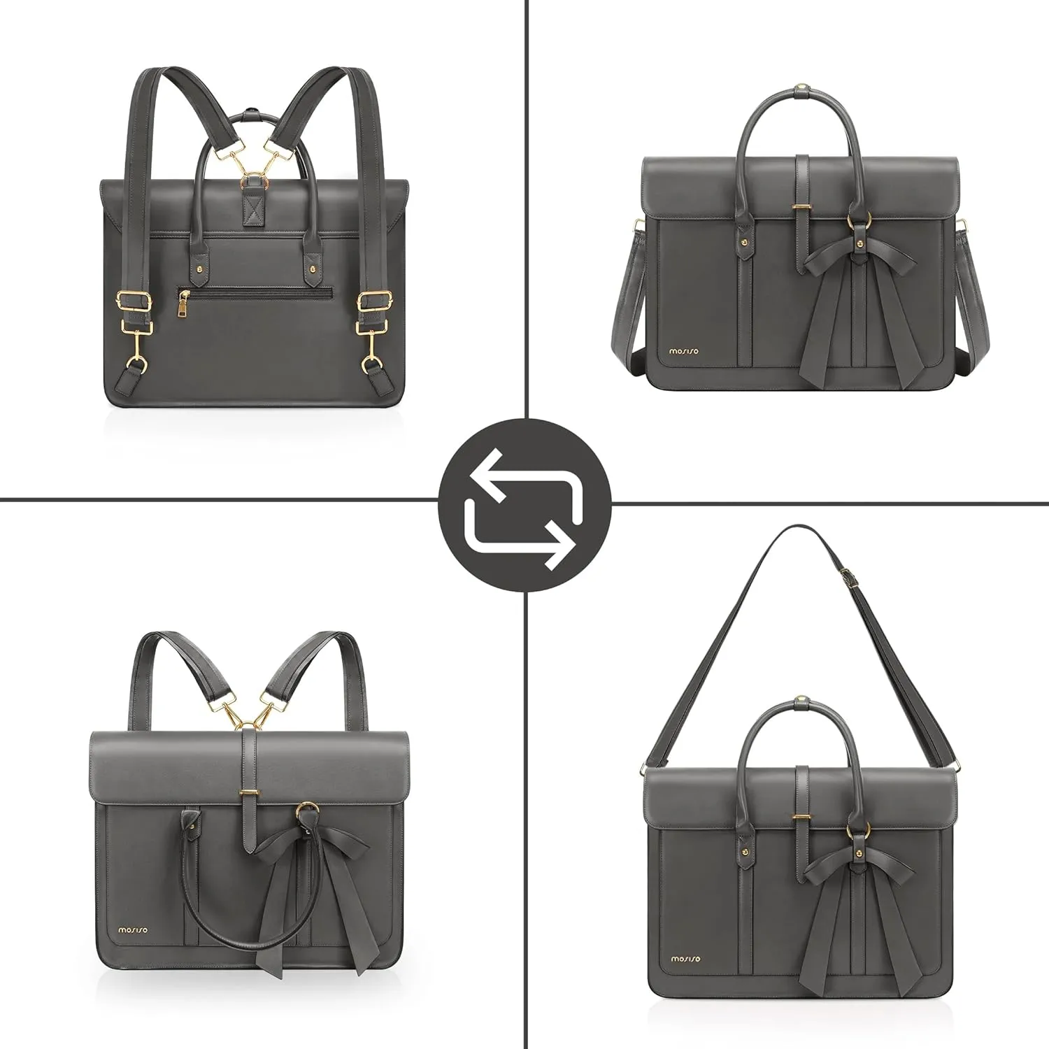 MOSISO Laptop Bag for Women, 15-15.6 inch PU Leather Laptop Shoulder Bag Convertible Backpack, 16 inch Messenger Bag Casual Handbag Work Briefcase Travel Computer Bag with Bowknot, Gray