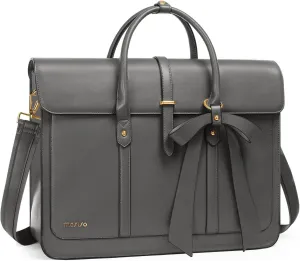MOSISO Laptop Bag for Women, 15-15.6 inch PU Leather Laptop Shoulder Bag Convertible Backpack, 16 inch Messenger Bag Casual Handbag Work Briefcase Travel Computer Bag with Bowknot, Gray