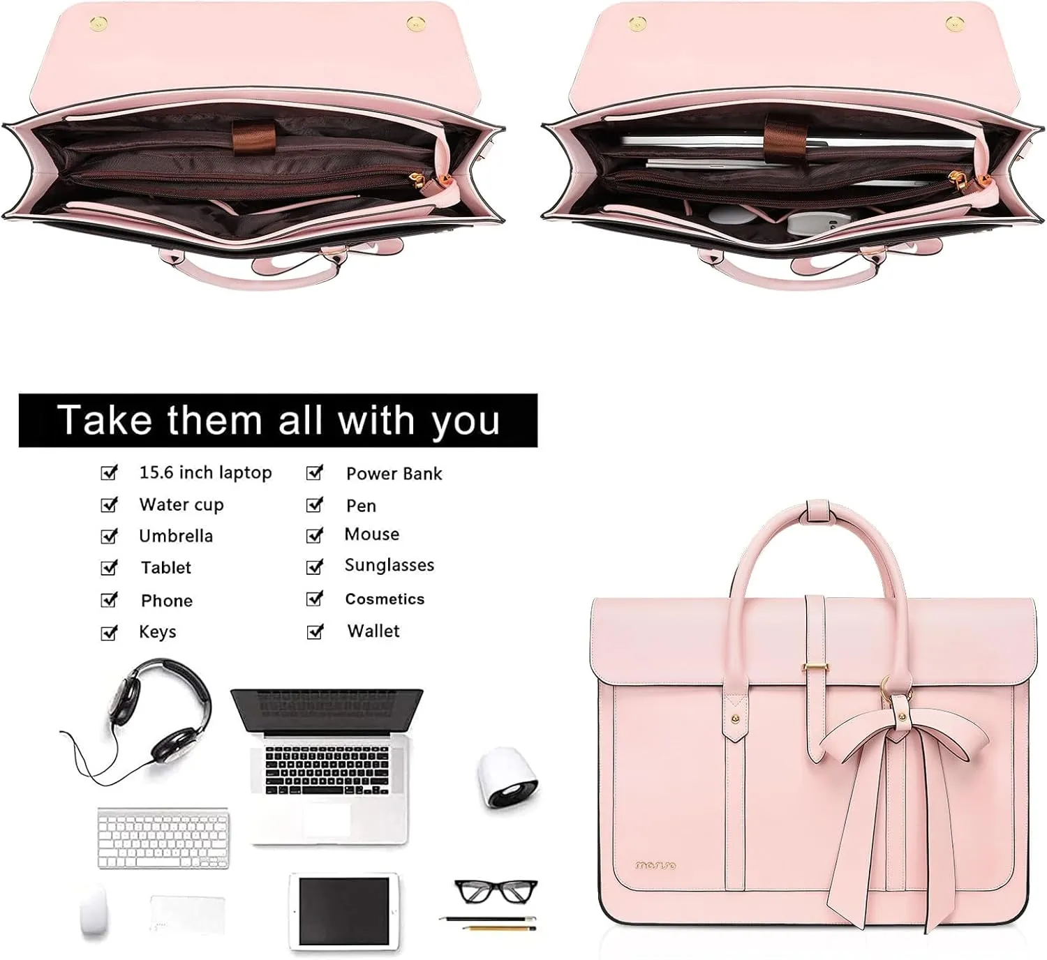 MOSISO Laptop Bag for Women, 15-15.6 inch PU Leather Laptop Shoulder Bag Convertible Backpack, 16 inch Messenger Bag Casual Handbag Work Briefcase Travel Computer Bag with Bowknot, Pink
