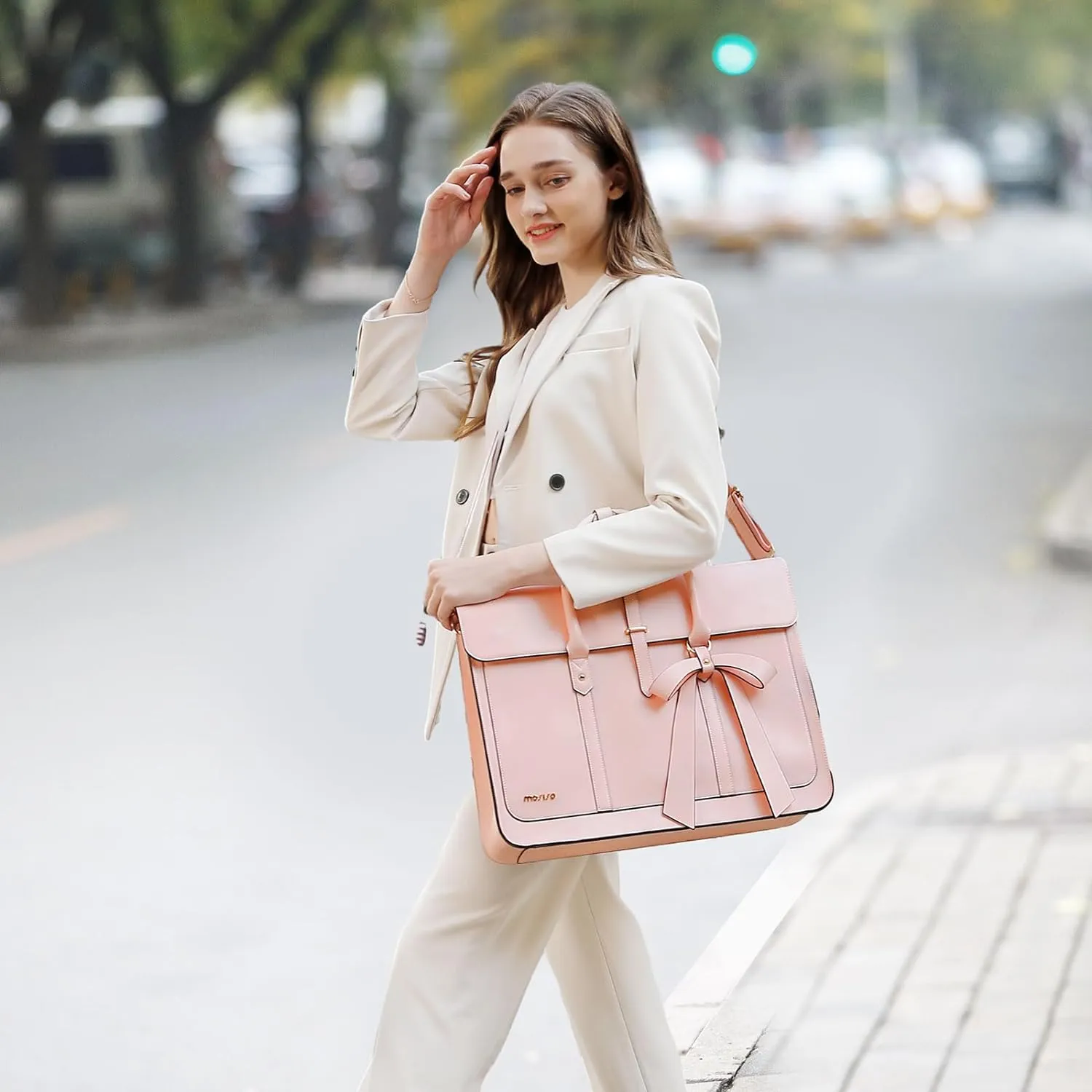 MOSISO Laptop Bag for Women, 15-15.6 inch PU Leather Laptop Shoulder Bag Convertible Backpack, 16 inch Messenger Bag Casual Handbag Work Briefcase Travel Computer Bag with Bowknot, Pink