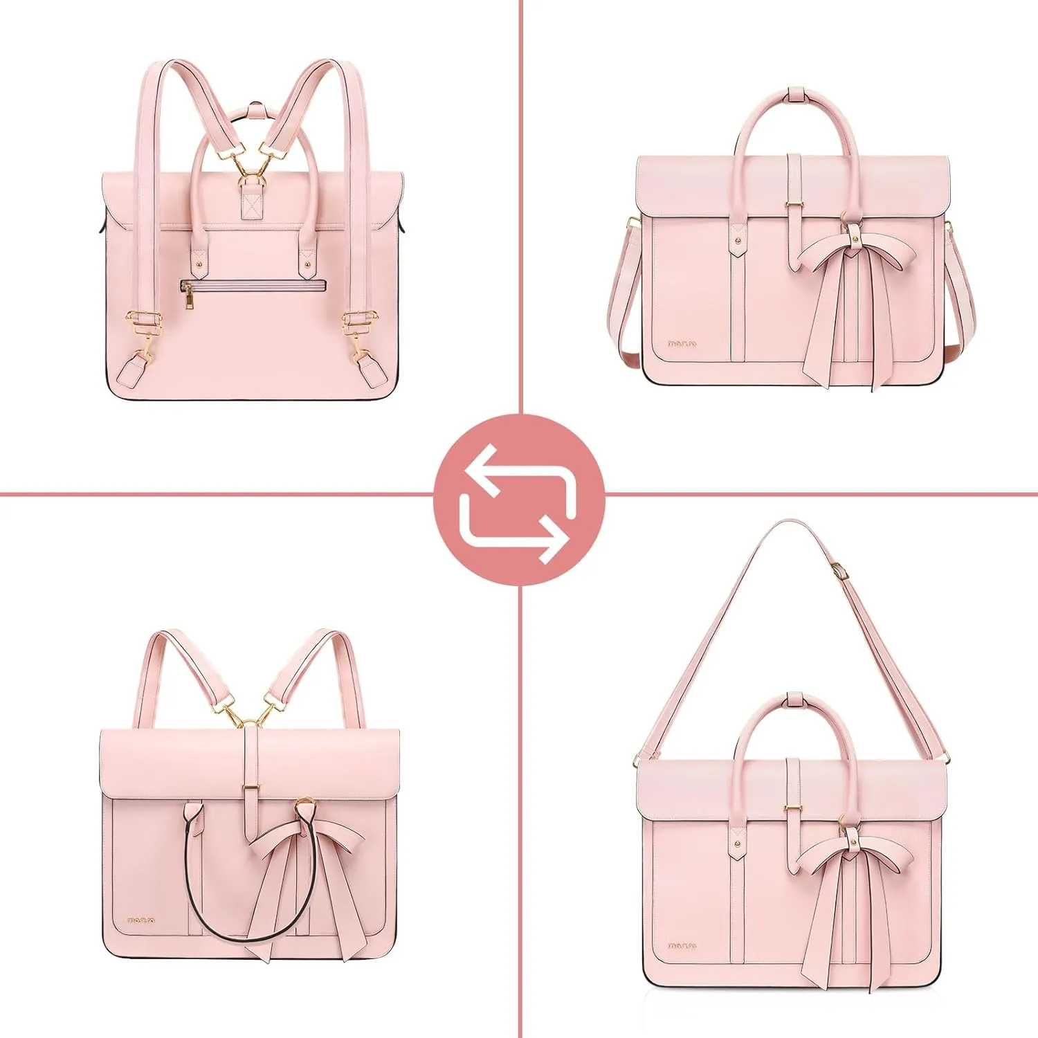 MOSISO Laptop Bag for Women, 15-15.6 inch PU Leather Laptop Shoulder Bag Convertible Backpack, 16 inch Messenger Bag Casual Handbag Work Briefcase Travel Computer Bag with Bowknot, Pink