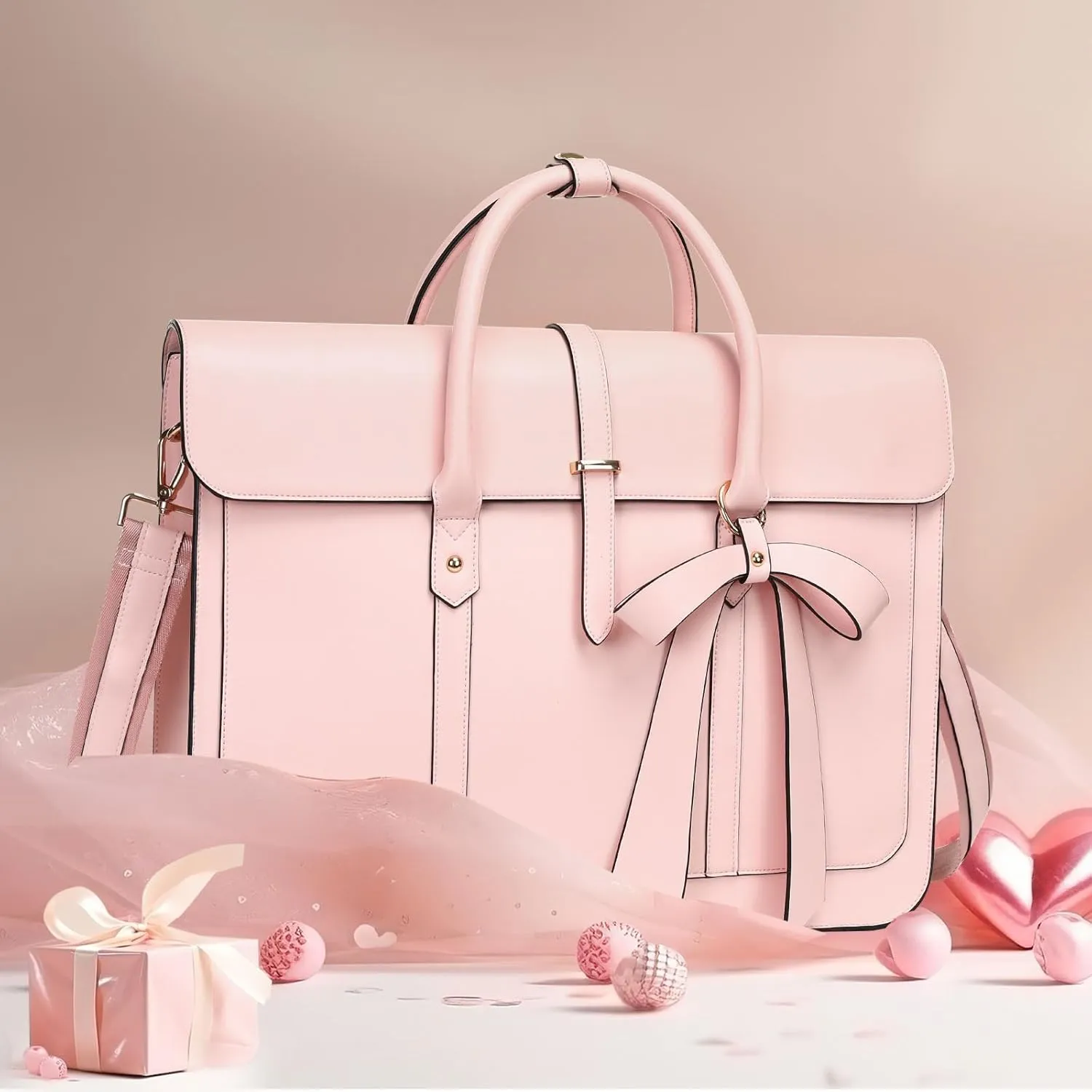 MOSISO Laptop Bag for Women, 15-15.6 inch PU Leather Laptop Shoulder Bag Convertible Backpack, 16 inch Messenger Bag Casual Handbag Work Briefcase Travel Computer Bag with Bowknot, Pink
