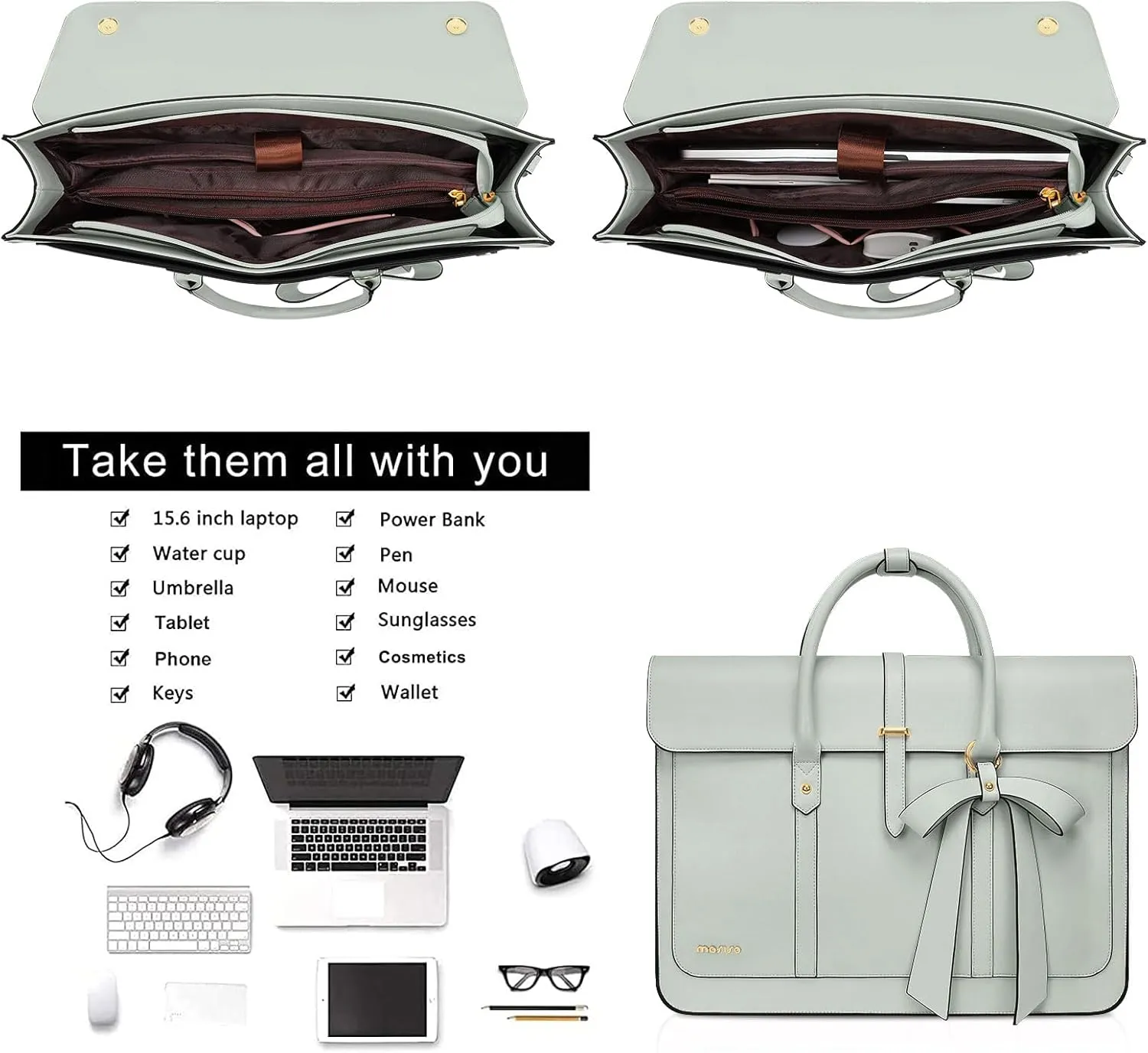 MOSISO Laptop Bag for Women, 15-15.6 inch PU Leather Laptop Shoulder Bag Convertible Backpack, 16 inch Messenger Bag Casual Handbag Work Briefcase Travel Computer Bag with Bowknot, Sage Green