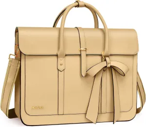 MOSISO Laptop Bag for Women, 15-15.6 inch PU Leather Laptop Shoulder Bag Convertible Backpack, 16 inch Messenger Bag Casual Handbag Work Briefcase Travel Computer Bag with Bowknot, Turmeric