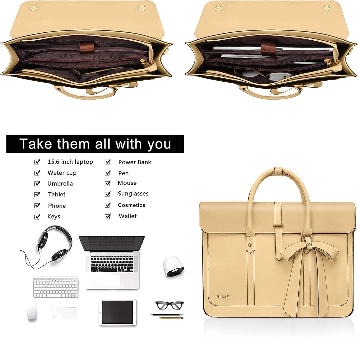 MOSISO Laptop Bag for Women, 15-15.6 inch PU Leather Laptop Shoulder Bag Convertible Backpack, 16 inch Messenger Bag Casual Handbag Work Briefcase Travel Computer Bag with Bowknot, Turmeric
