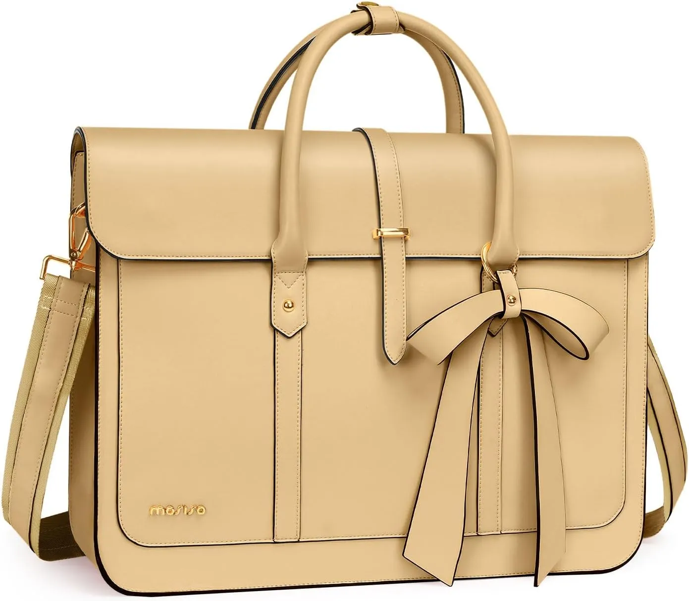 MOSISO Laptop Bag for Women, 15-15.6 inch PU Leather Laptop Shoulder Bag Convertible Backpack, 16 inch Messenger Bag Casual Handbag Work Briefcase Travel Computer Bag with Bowknot, Turmeric