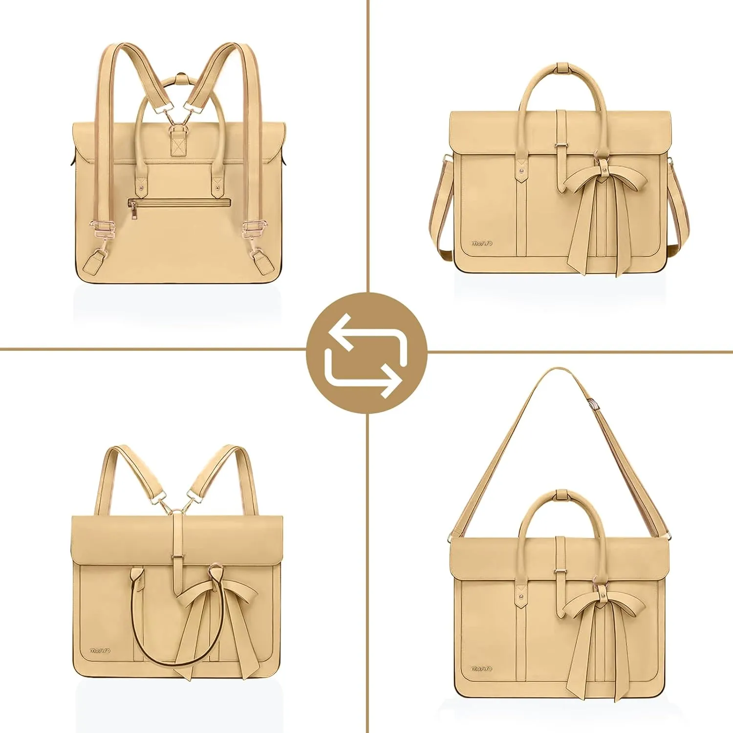 MOSISO Laptop Bag for Women, 15-15.6 inch PU Leather Laptop Shoulder Bag Convertible Backpack, 16 inch Messenger Bag Casual Handbag Work Briefcase Travel Computer Bag with Bowknot, Turmeric
